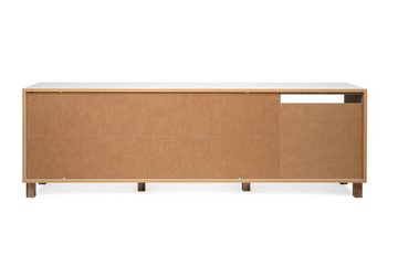 möbelando TV-Board Menorca, Modernes Lowboard aus Spanplatte und MDF in Weiß, Absetzung in Old Style hell Dekor mit 3 Holzklappen, 3 offenen Fächern und 5 Einlegeböden - Breite 200 cm, Höhe 64,5 cm, Tiefe 35 cm