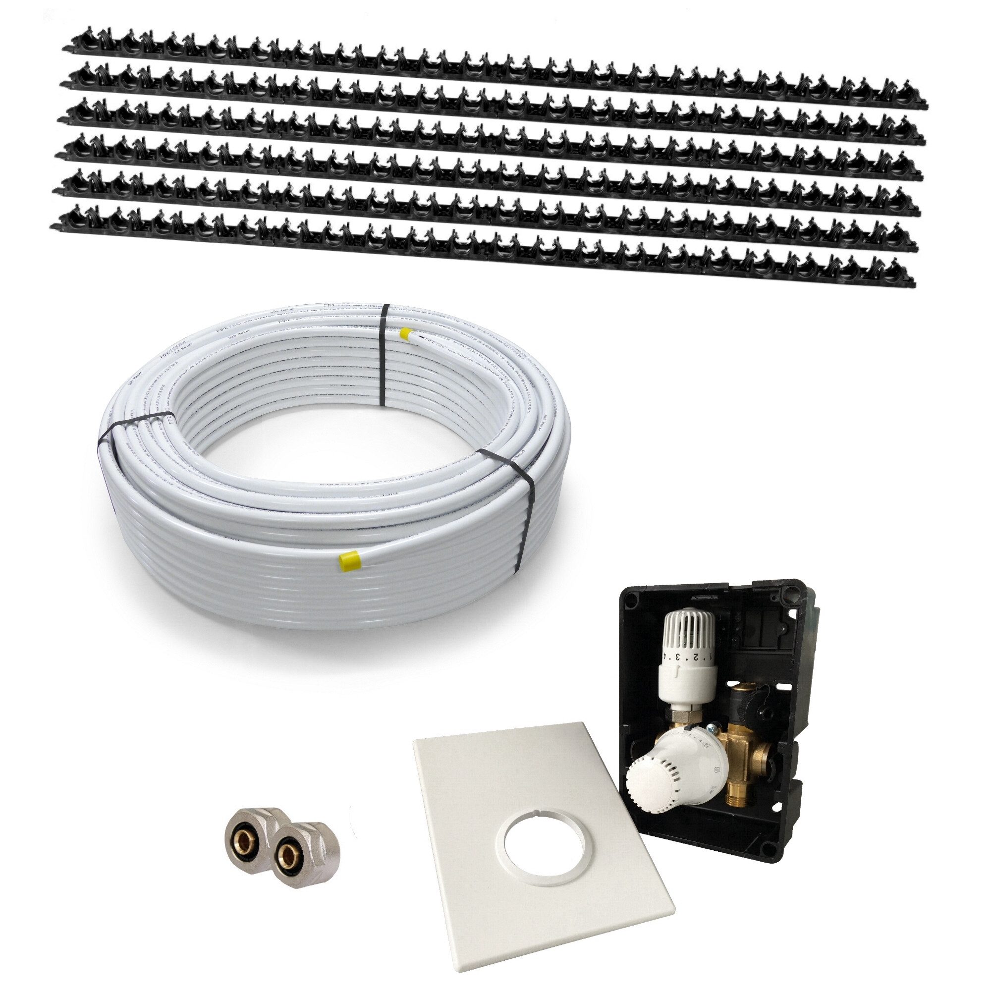 HoWaTech Warmwasserfußbodenheizungen CLAMP Warmwasser Flächenheizung Komplettset Regelbox TH-RTL, (Komplett Set), vormontiertem Ventilblock - Entlüfter/Füllventil