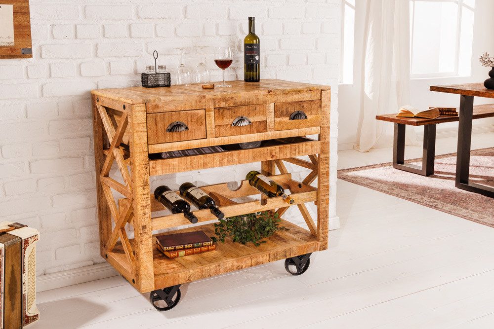 riess-ambiente Servierwagen BODEGA 86cm natur / schwarz, (Einzelartikel, 1 St), Küche · Massivholz · mit Weinregal · Barschrank
