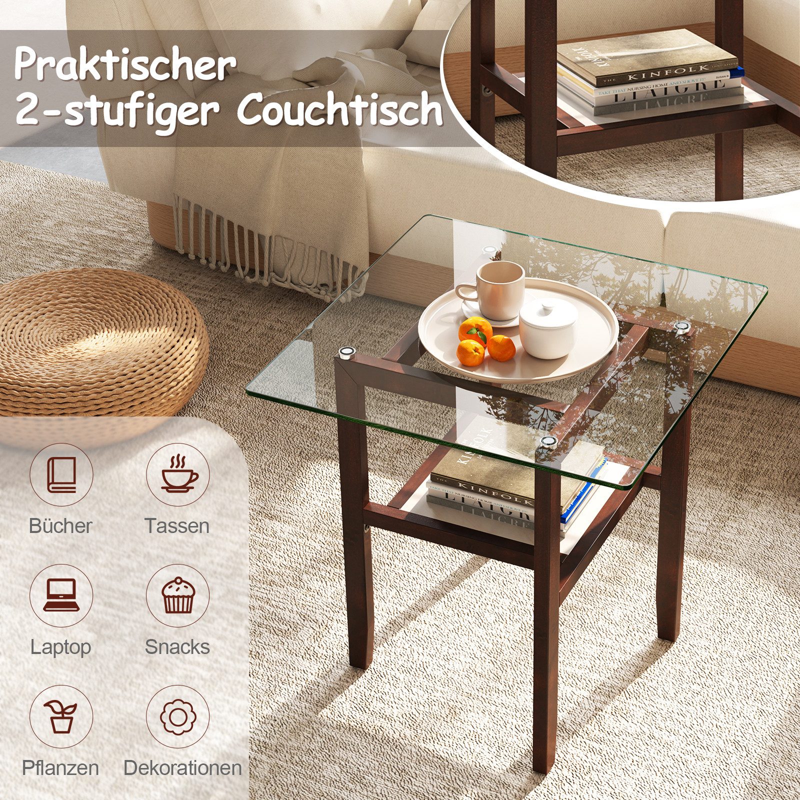 COSTWAY Couchtisch, aus Glas, Nachttisch mit Ablage, rechteckig,61x61x62cm