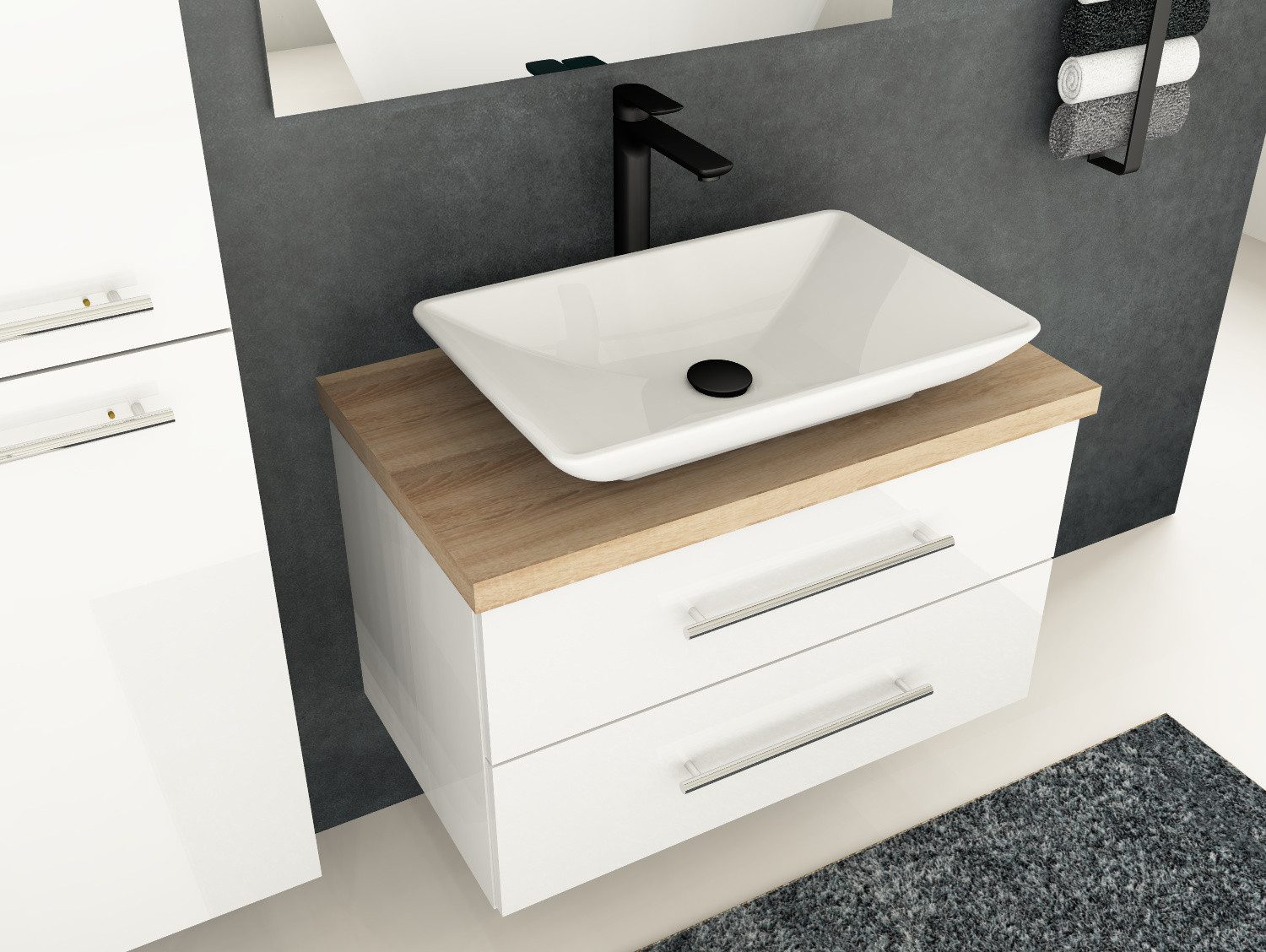 Aqua Bagno Badmöbel-Set Flex Badmöbel 80 cm, Aufsatzbecken Leon, Weiß Hochglanz & Eiche, (vormontiert, 3-St., Badmöbelschrank melaminbeschichtet, Trägerplatte, Keramikwaschbecken), einfache Montage, Skandi