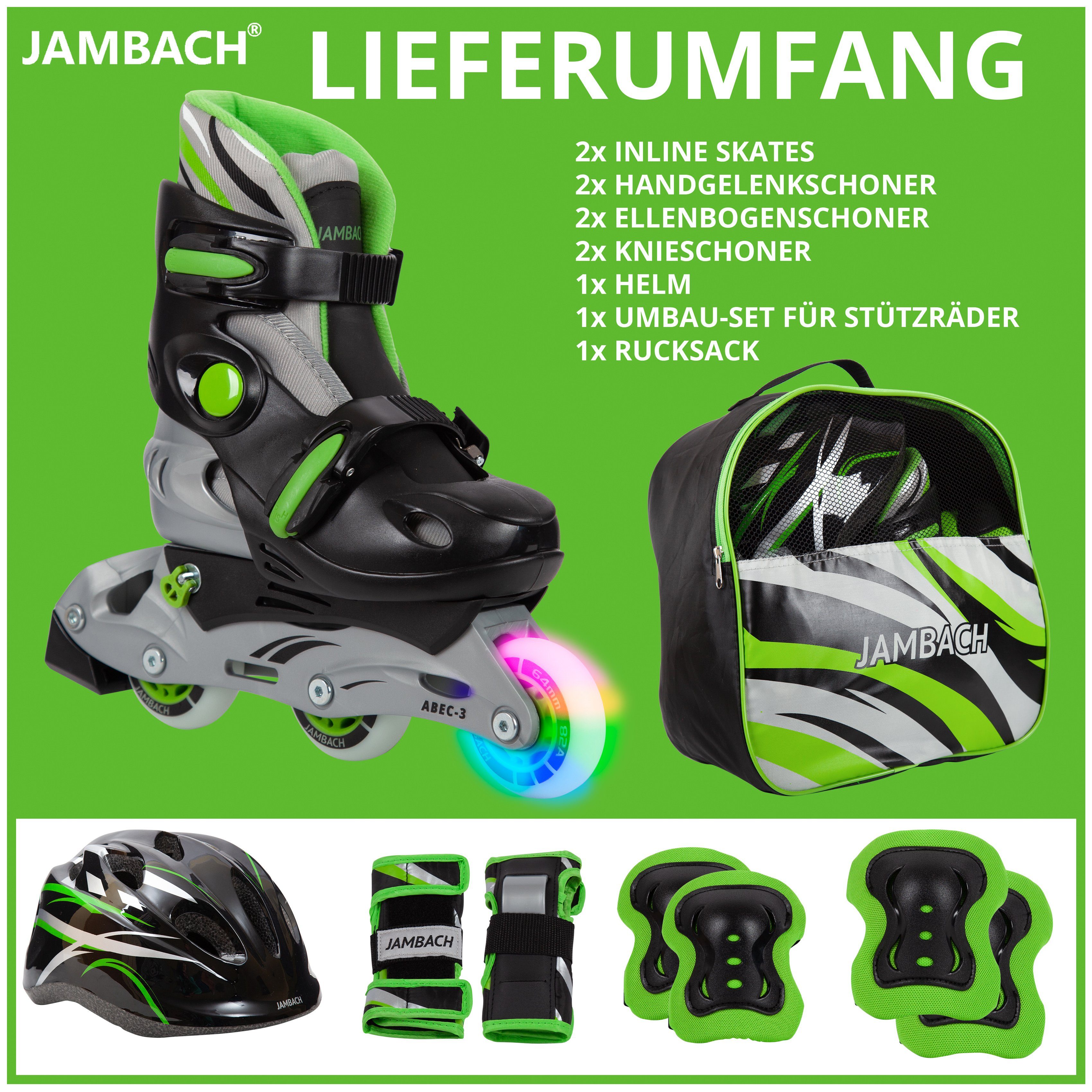 JAMBACH Inlineskates, (Set, Inliner, Protektoren, Rucksack), blinkende grün Helm, Einsteiger Set Größe verstellbare Rolle