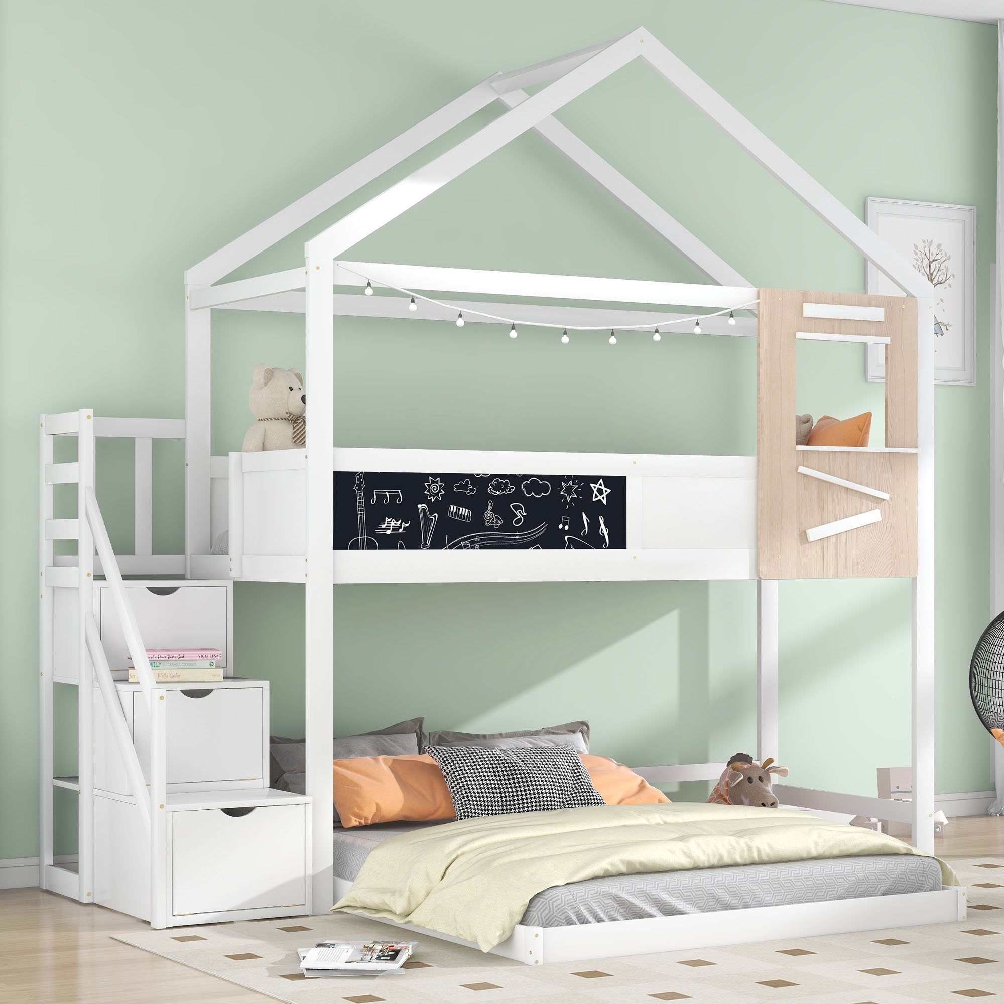 OKWISH Etagenbett Hausbett, Kinderbett, Etagenbett, Bett, Holzbett,  Gästebett (mit Treppe und Fenster, mit Lattenrost, Treppe mit 3 Schubladen,  200x90 cm), Ohne Matratze