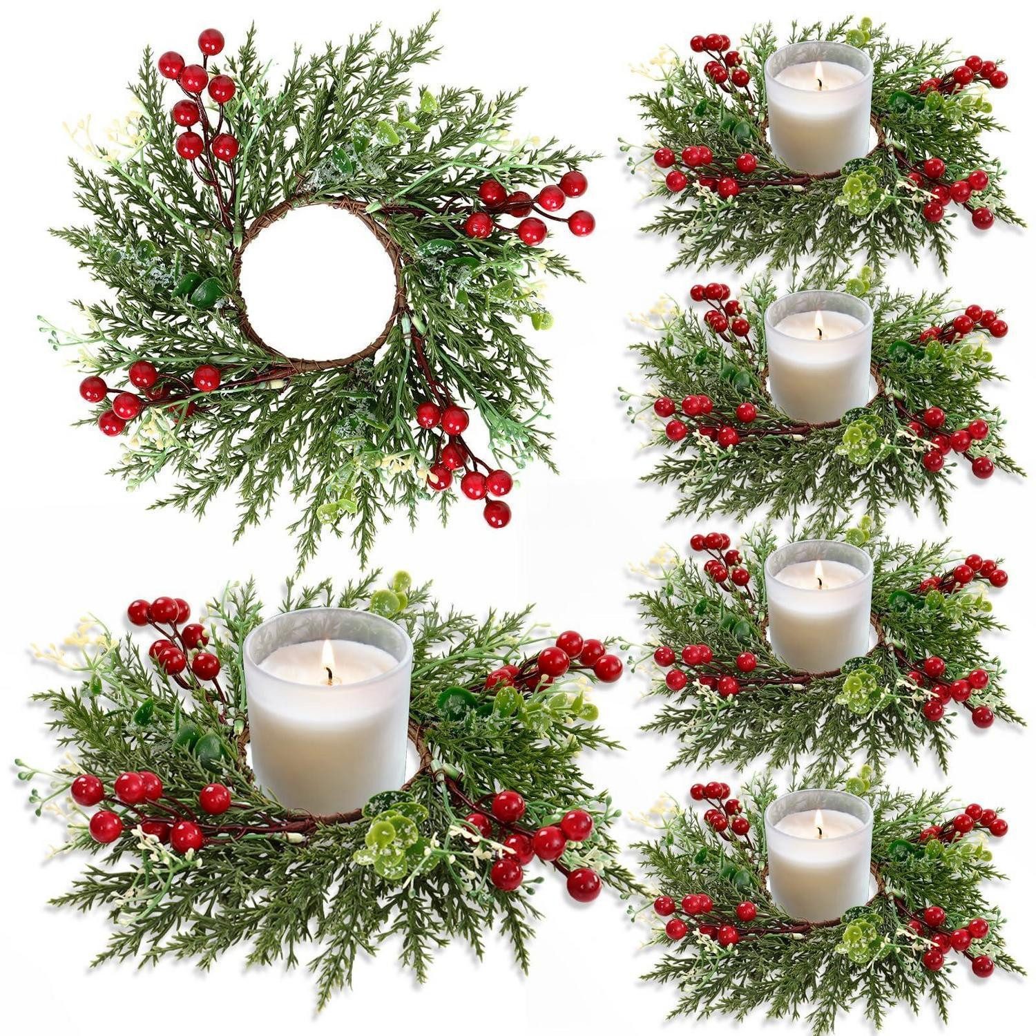 LuxusKollektion Tischkranz Weihnachtskerzen Ringe 8 Stk. mit Beeren / Tannengrün