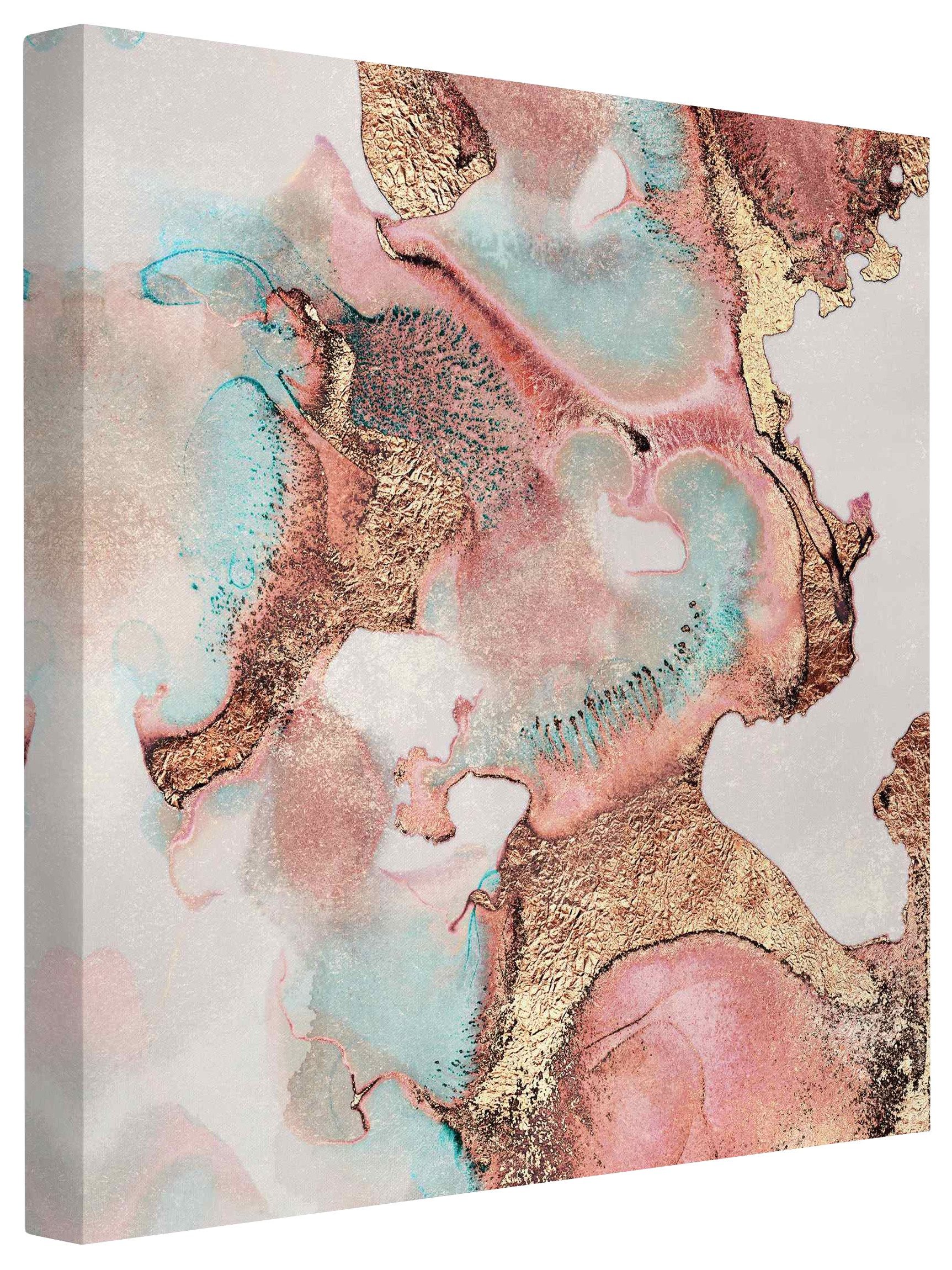 Bilderdepot24 Leinwandbild Kunstdruck Abstrakt Goldenes Aquarell Rosé rosa Bild auf Leinwand XXL, Wohnzimmer Schlafzimmer Küche Flur Wandbild Kunstkopie Wanddeko Druck