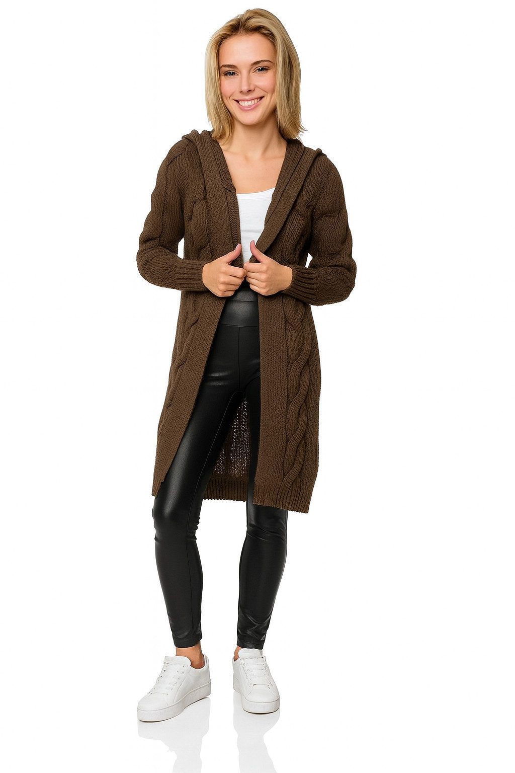 Worldclassca Kapuzenstrickjacke Worldclassca lange Strickjacke Zopfmuster Cardigan mit Kapuze Bolero Strickjacke mit Zopfmuster und Kapuze