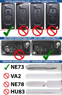 mt-key Klappschlüssel Tausch Gehäuse 2 Tasten + NE73 + Taster + VARTA CR1620 Knopfzelle, CR1620 (3 V), für Peugeot Citroen Funk Fernbedienung