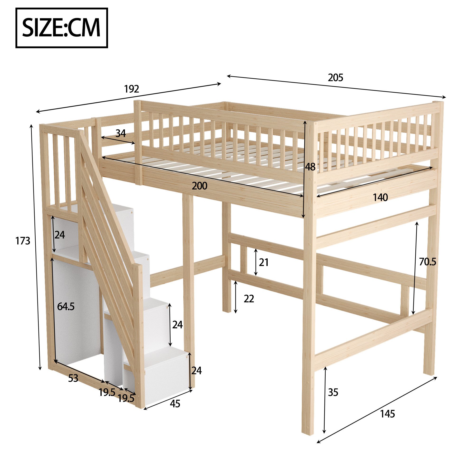 Merax Hochbett (Jugendbett mit Rausfallschutz und Lattenrost, 1-St) Etagenbett 140x200cm mit Treppe und Stauraum, Kiefernholz Kinderbett – Bild 4 von 5