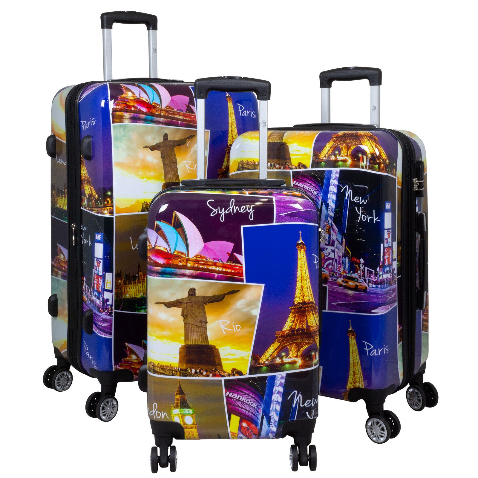 Trendyshop365 Hartschalen-Trolley Janeiro, bunter Koffer mit Motiv, 3 Größen, 4 Rollen, Zahlenschloss, Polycarbonat, Dehnfalte