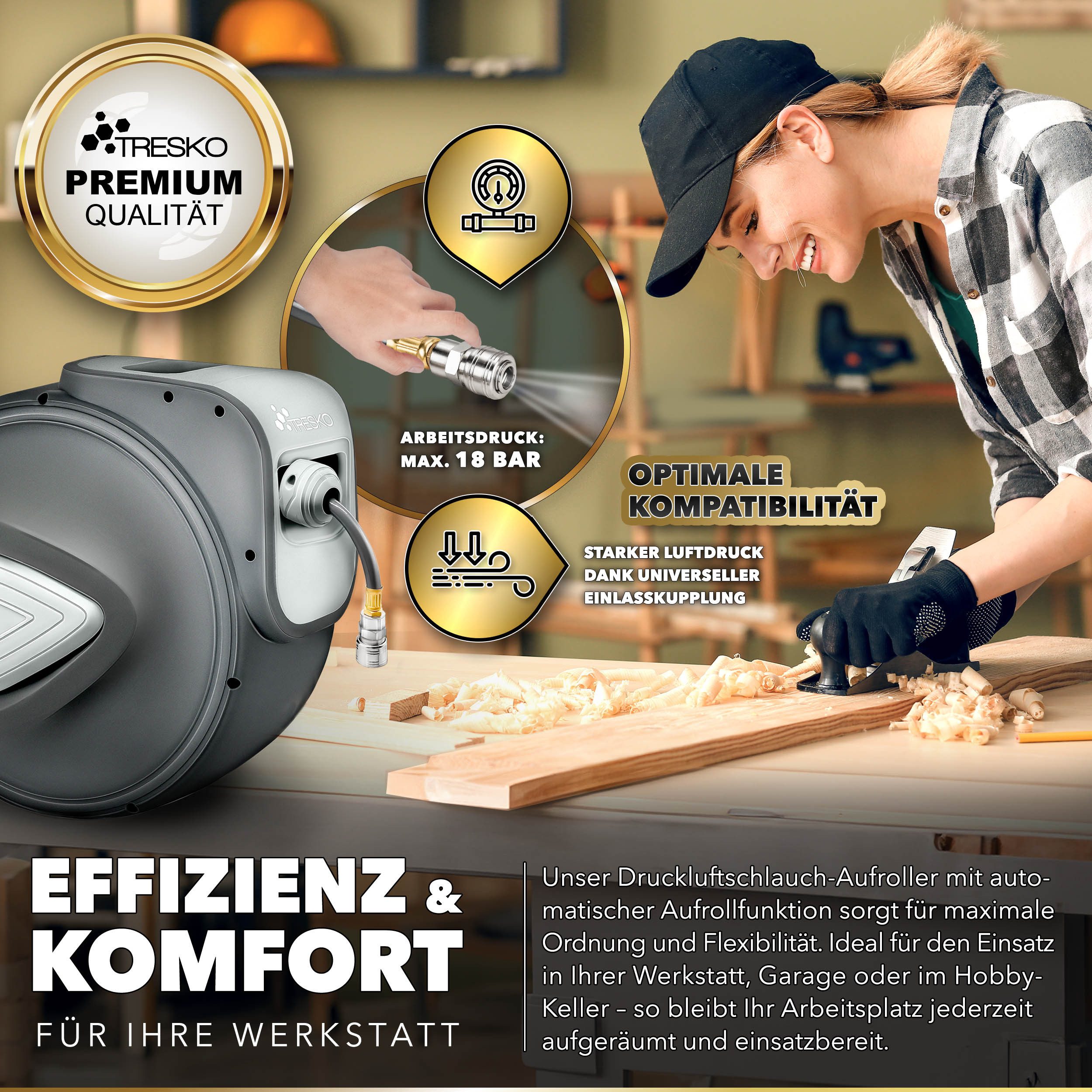 TRESKO Schlauchbox Druckluftschlauch Aufroller Automatik 10 - 30m, Druckluftschlauch-trommel