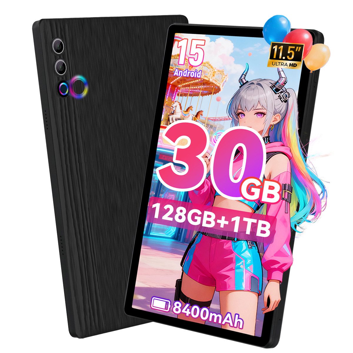 Happybe 11,5 Zoll Octa Core 30(6+24)GB 128GB 1TB TF, 2K FHD, 8400mAh, WiFi 6 Tablet (11.5", 128 GB, Android15, 5G WiFi, Android 15, 5G WiFi, BT 5.3, PC-Modus)
