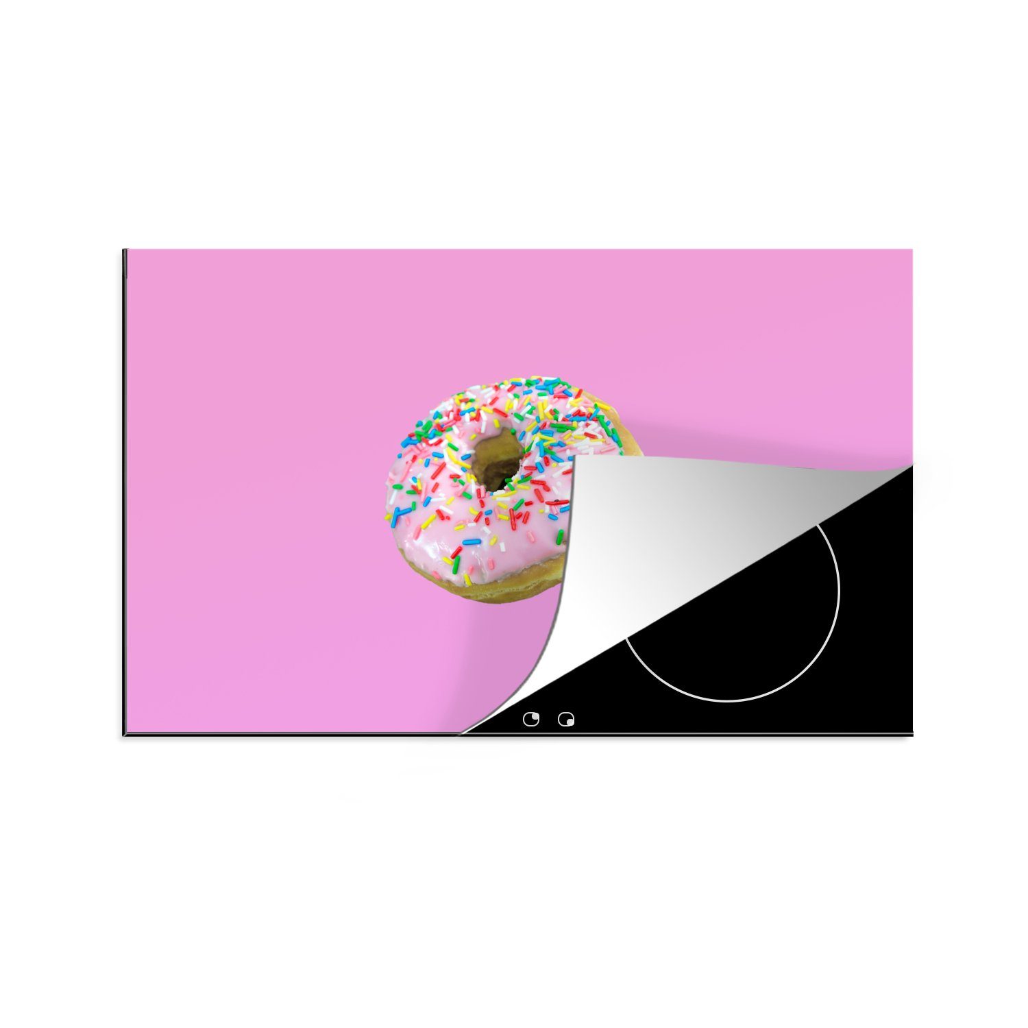 MuchoWow Herdblende-/Abdeckplatte Rosa Donut mit Topping, Vinyl, (1 tlg), 81x52 cm, Induktionskochfeld Schutz für die küche, Ceranfeldabdeckung