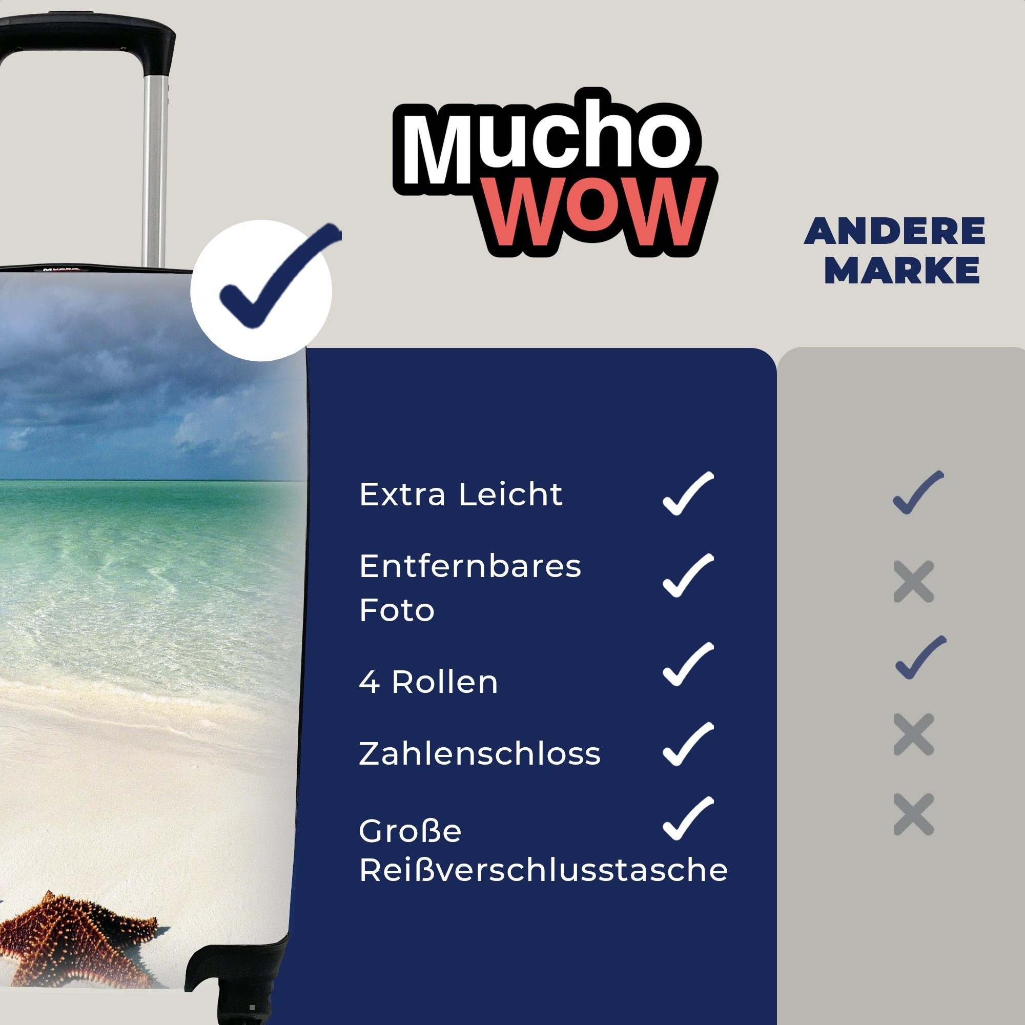 MuchoWow Handgepäckkoffer Seestern - Strand - 4 rollen, Handgepäck Reisekoffer Reisetasche Wasser, Trolley, mit Ferien, Rollen, für