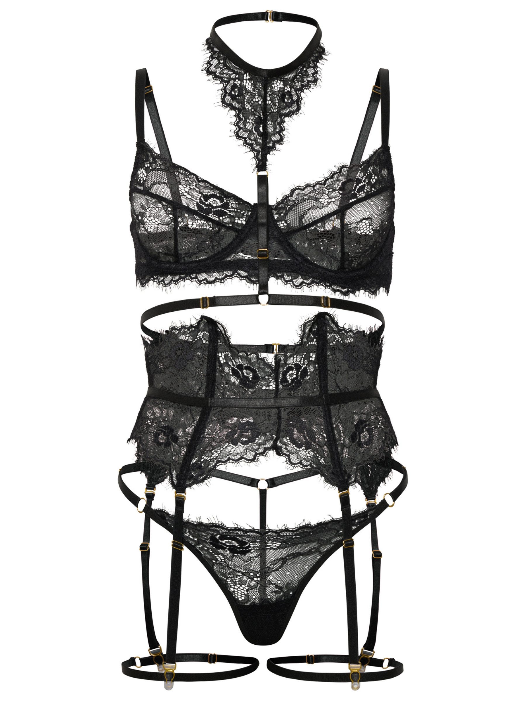 Elegant Love Set: Bügel-BH Sexy Lingerie-Set aus Spitze – Dessous-Set mit Strapsen (Set, 5-tlg., Halsband + BH + Tanga + Taillenband + Beinriemen) Sinnliche Damenunterwäsche – Reizwäsche für besondere Momente