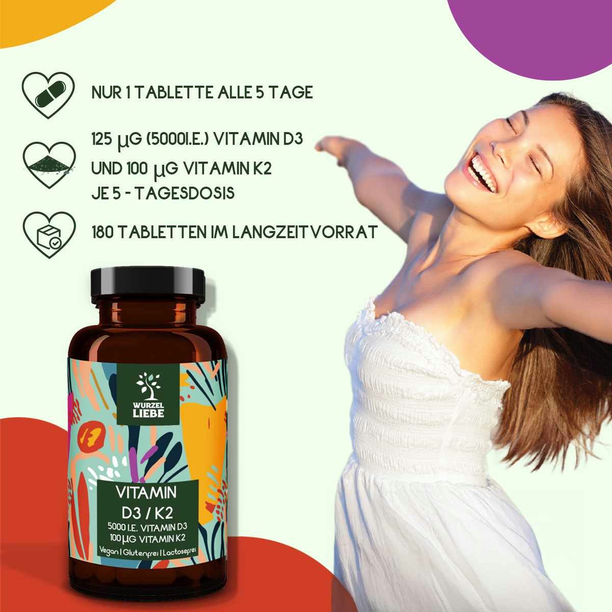 WURZELLIEBE Vitamin D3 + K2-MK7 Depot hochdosiert mit 5000 IE D3 + 100 µg K2 MK-7 Tabletten, 180 St., 45 g