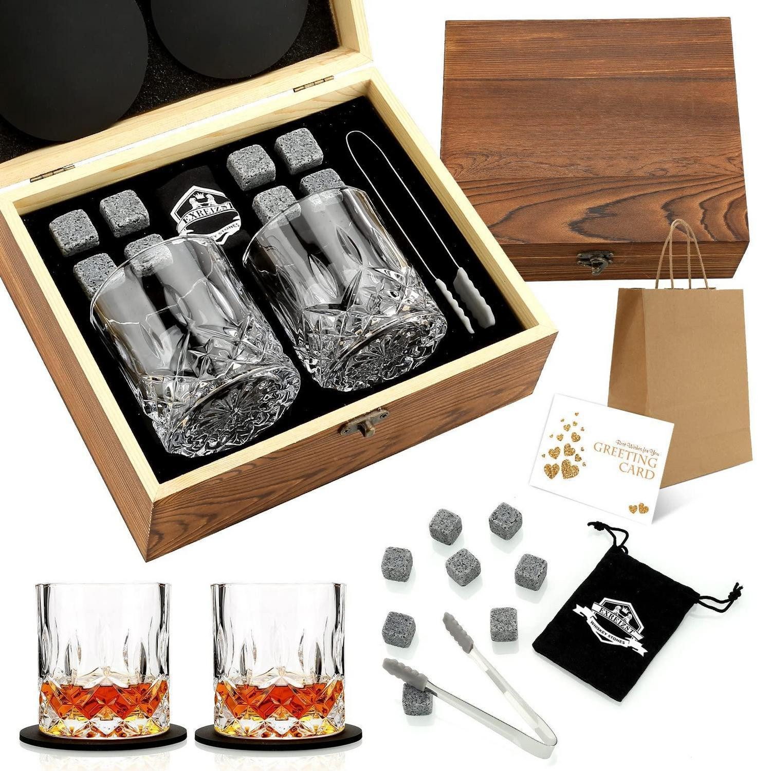 LuxusKollektion Whiskyglas Whisky Set mit 2 Gläsern & 8 Kühlsteinen Holzbox