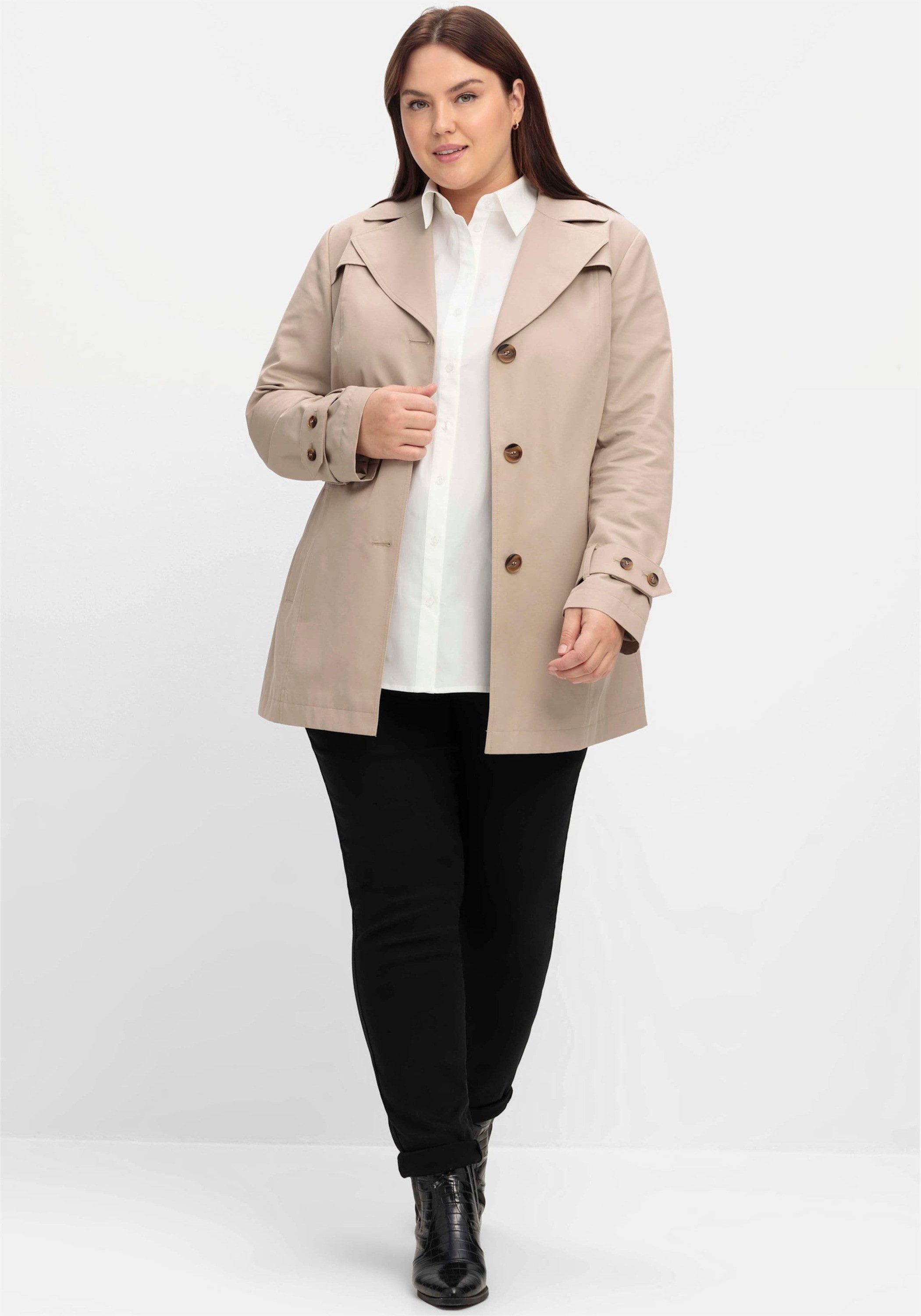 Sheego Allwetterjacke Trenchcoat Langarm mit Gürtel, wasserabweisende Qualität