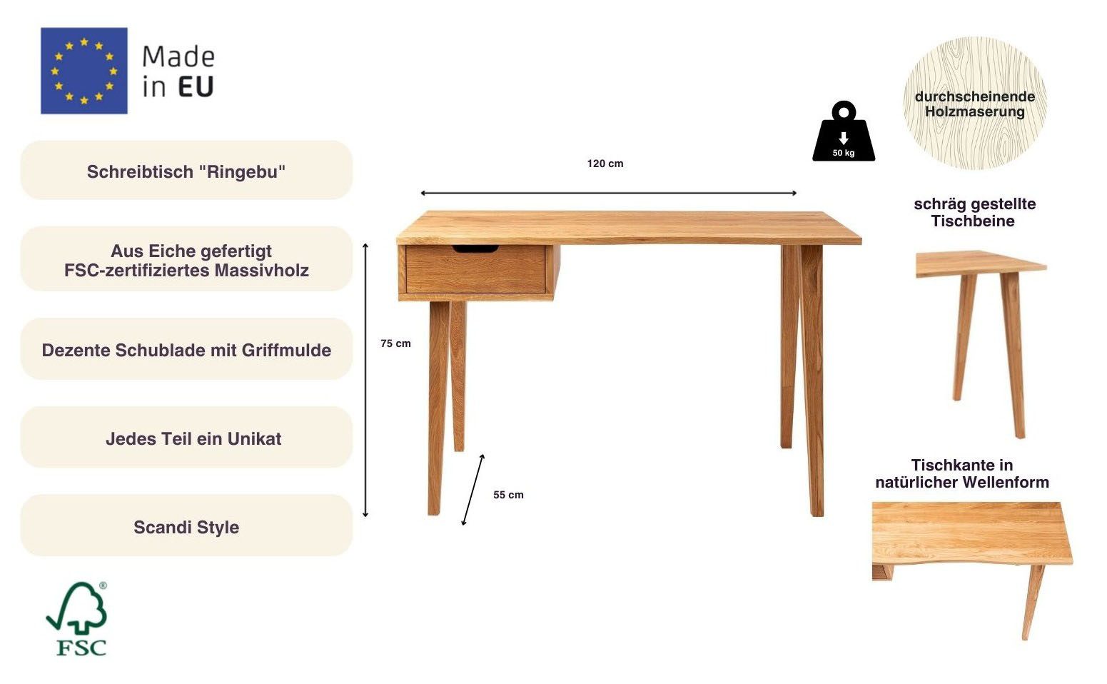 andas Schreibtisch Ringebu (B/T/H: 120/55/75 cm), aus Eichenholz, FSC® zertifiziert, mit Schublade, Breite 120 cm