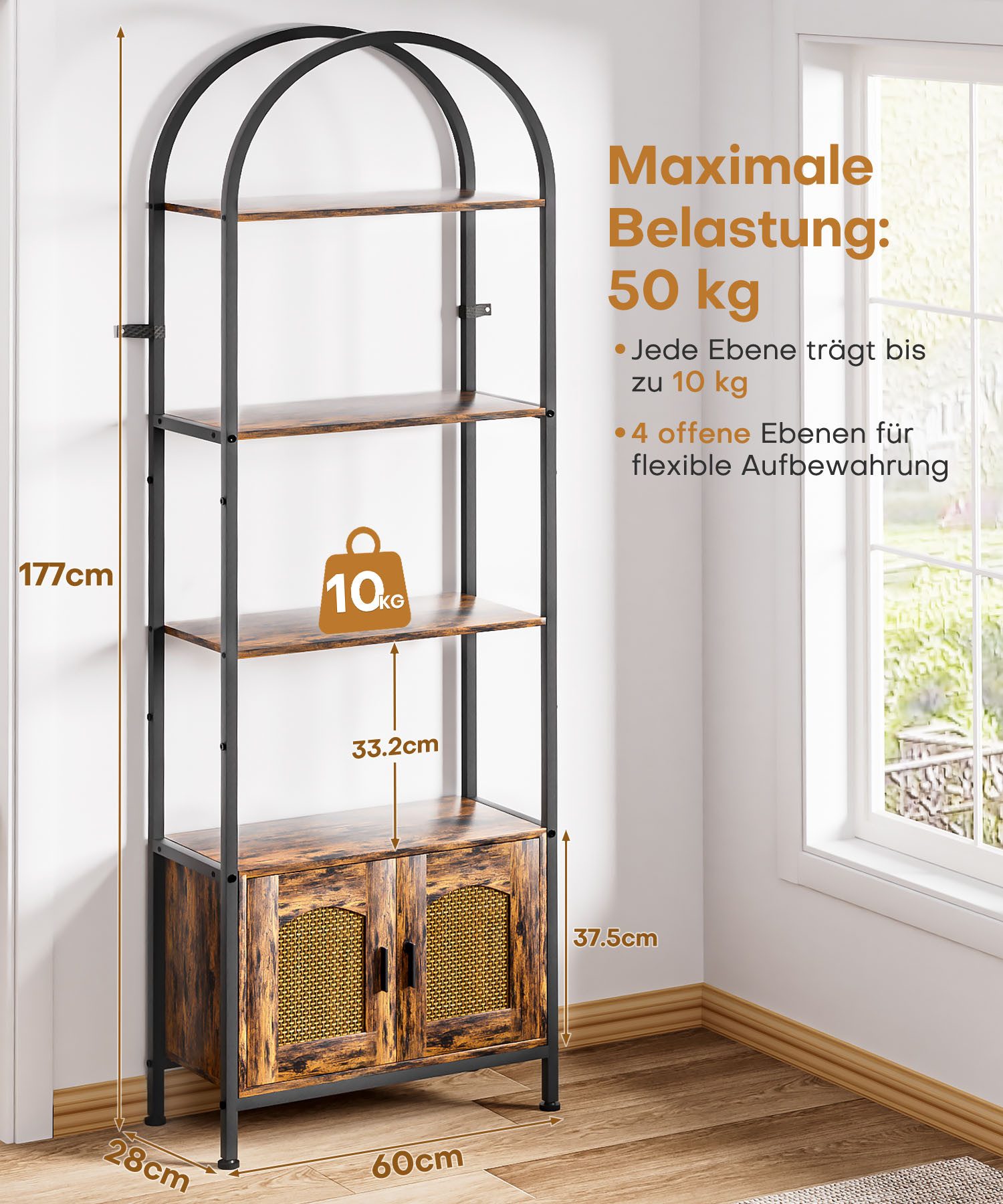 Yorbay Bücherregal 5 Ebenen, Standregal mit Schrank, Bogenförmiges Aufbewahrungsregal, 60x28x177cm, für Wohnzimmer, Schlafzimmer, Arbeitszimmer & Bad