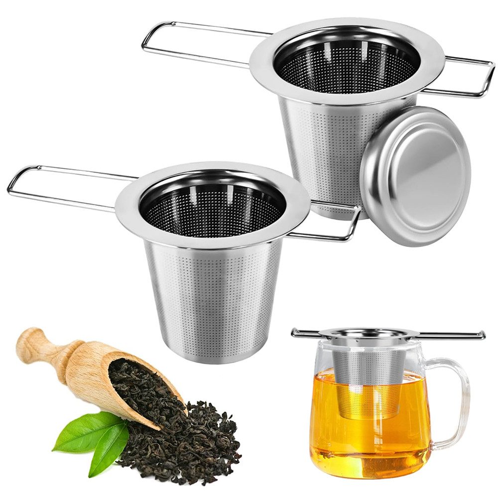 AFKSMILE Teesieb 2 Stück Teesieb für Losen Tee, 304 Edelstahl Teefilter mit Deckel, (2-St), Teefilter mit Klappgriff für Teekannen, Tassen, Wiederverwendbar