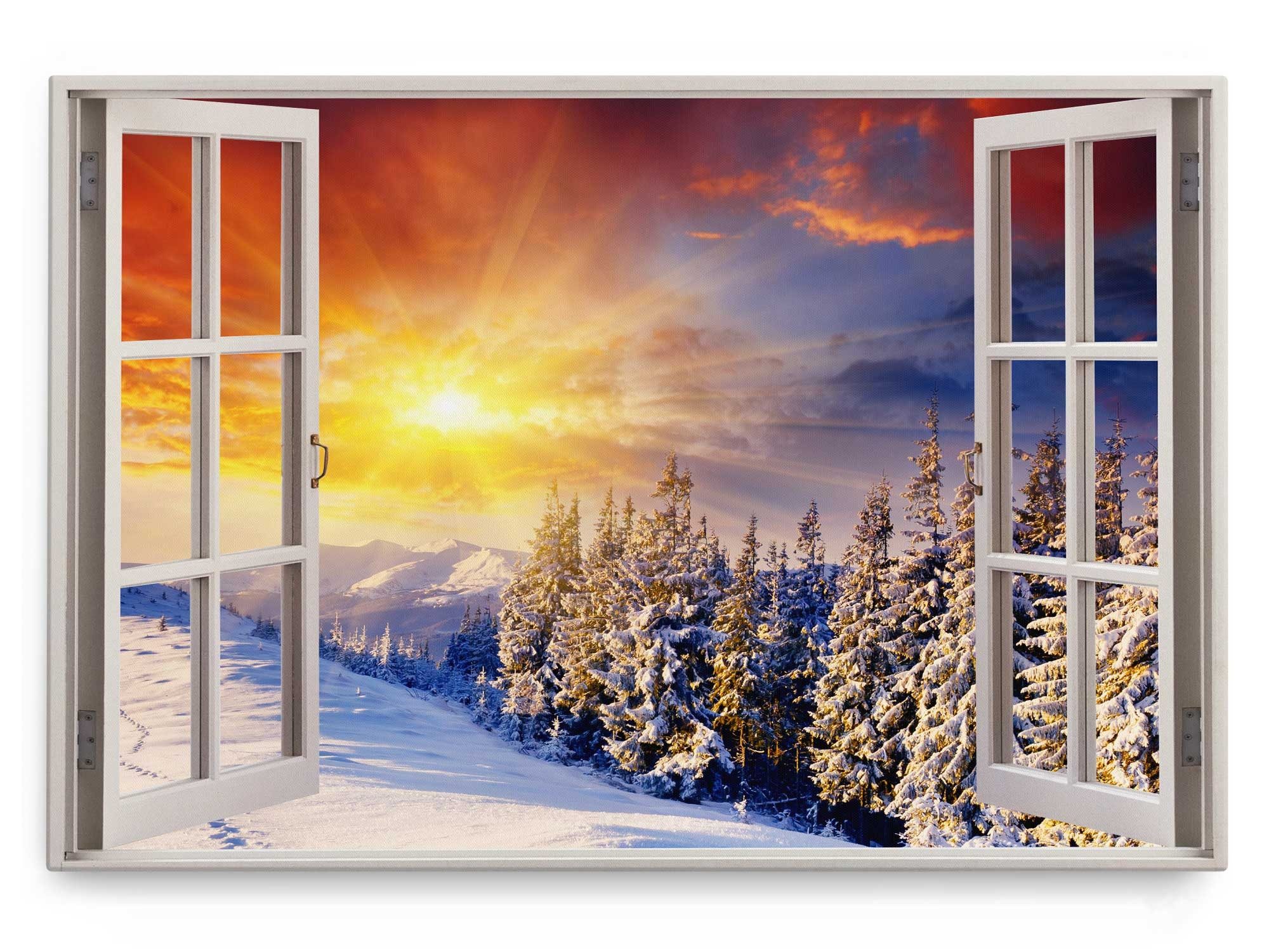 Leinwandbild Wandbild 120x80cm Fensterbild Berglandschaft Winter Schnee Sonnenunter