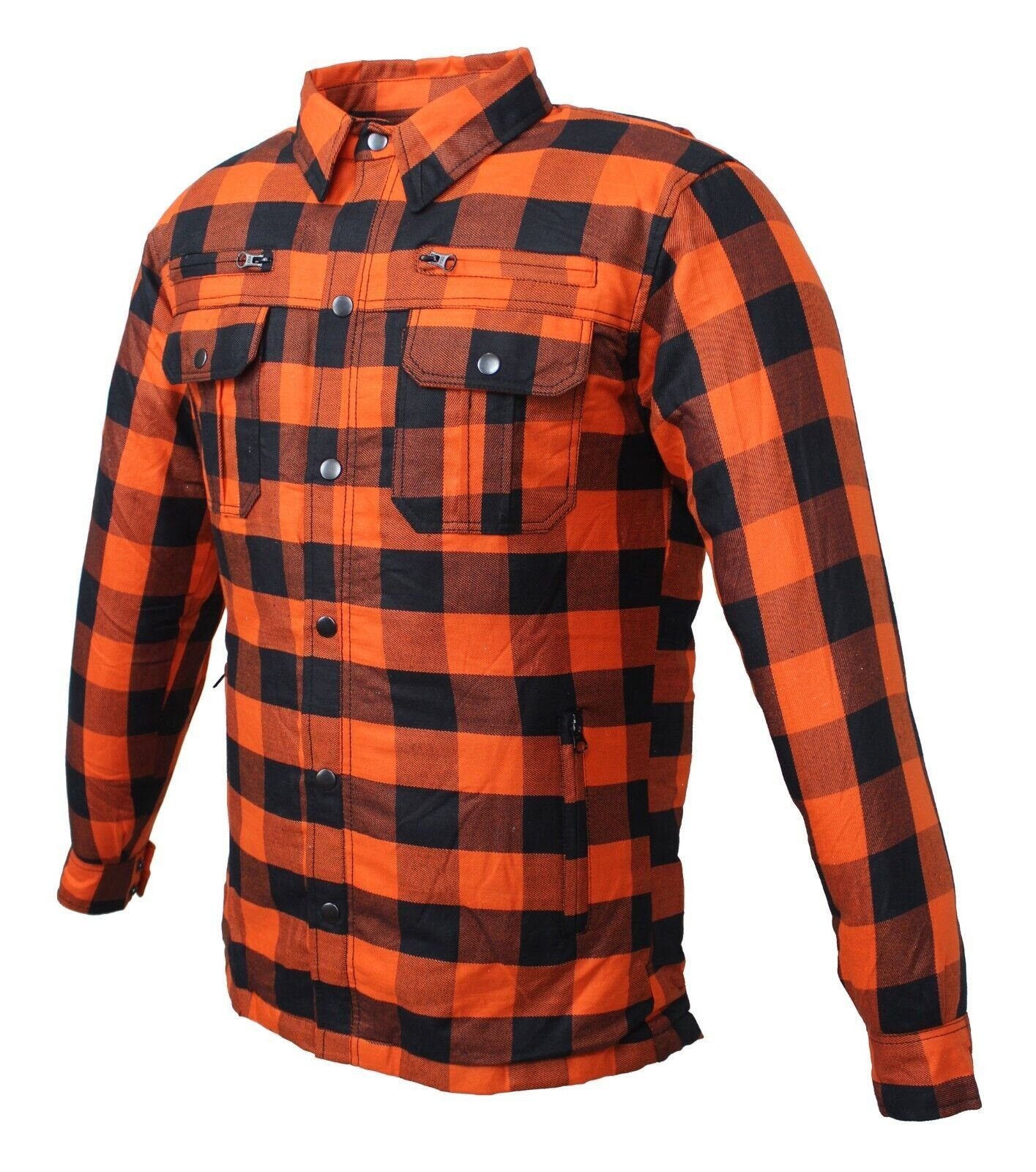 Alpha Speeds Motorradjacke Flanell-Holzfäller Motorrad KEV ARAMID Lumber Biker Hemd SLIM Orange (Wasserdicht & Winddicht & Atmungsaktiv + Belüftungstaschen / Motorradhemd) All Season, wasserdichte Reißverschlüsse, mit Protektoren