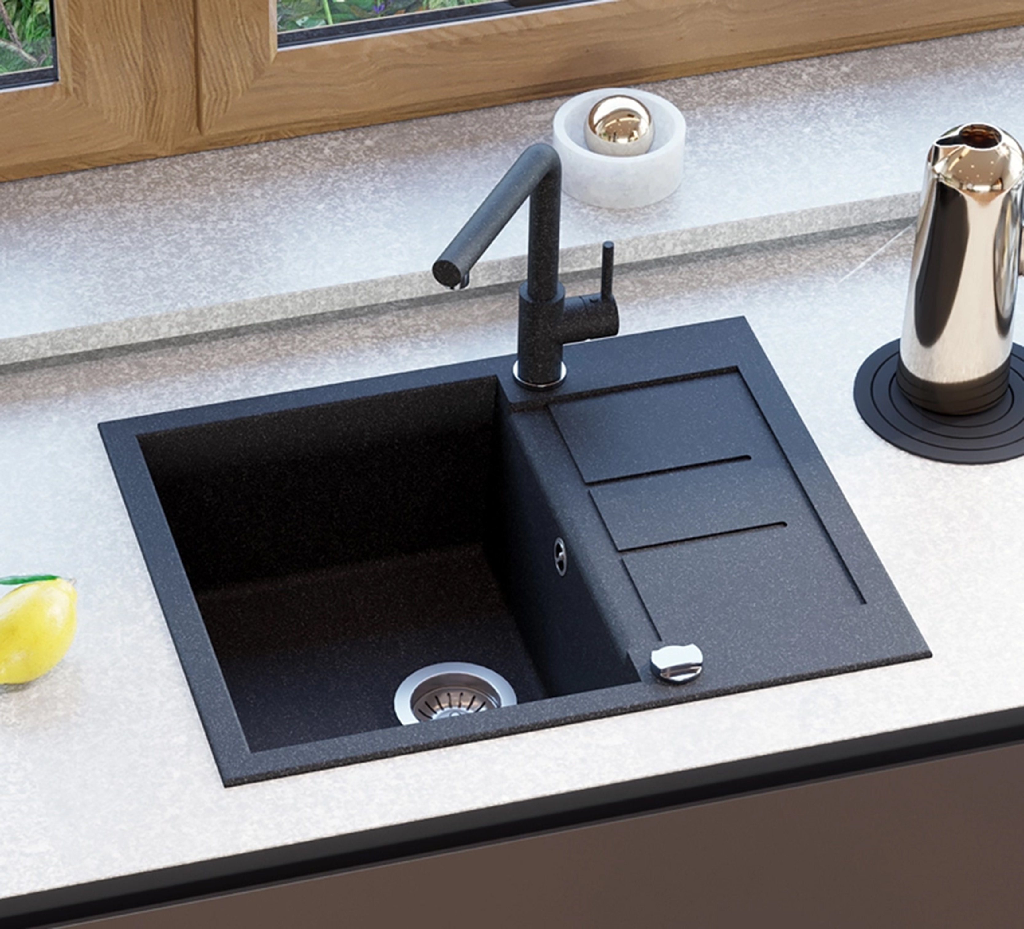 GURARI Küchenspüle SQT 102 -601 AWP+5553 E2, 62/50 cm, (2 St), Einbau Granitspüle Schwarz+Edelstahl Armatur