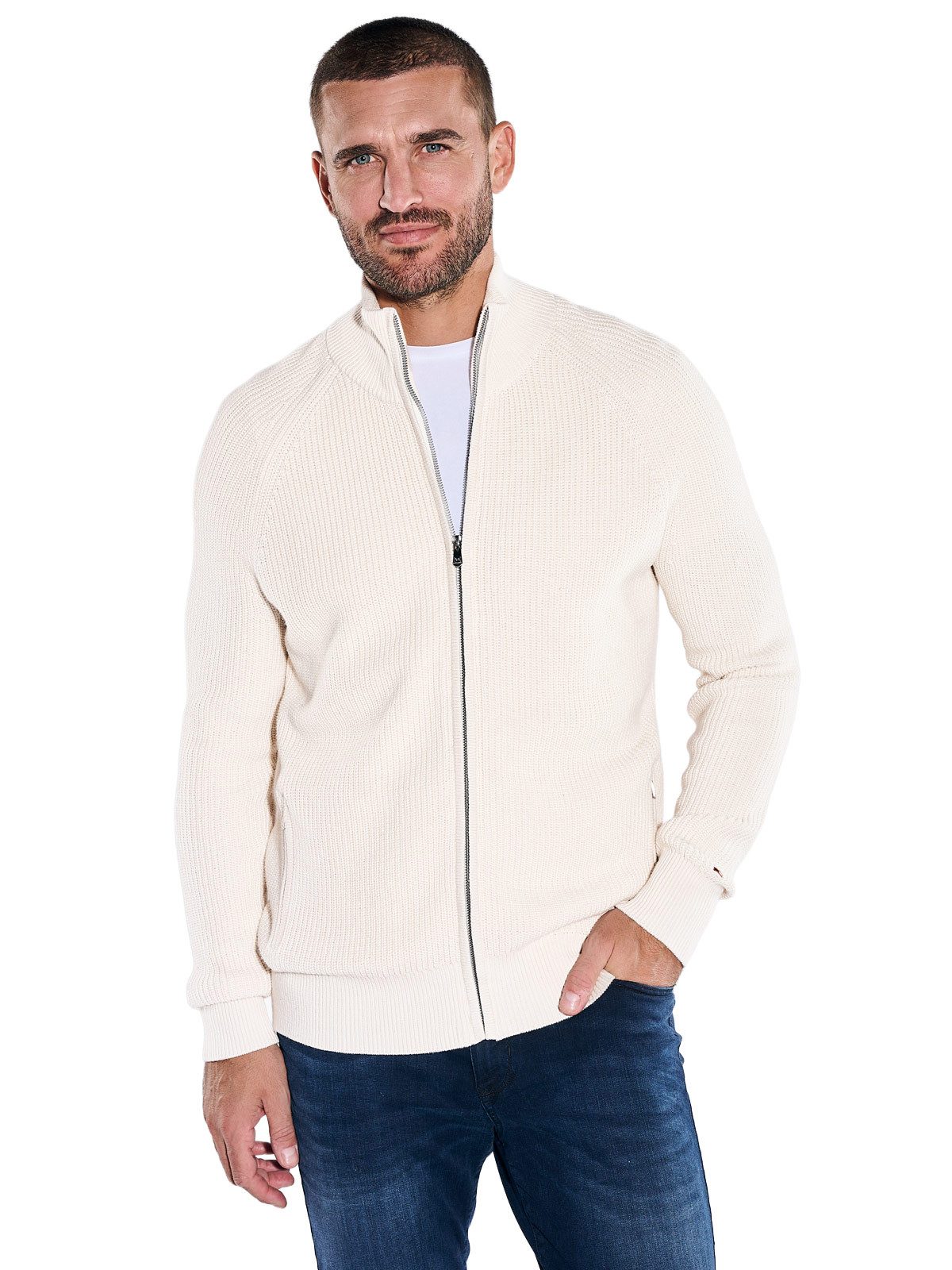 emilio adani Strickjacke Herren Strickjacke mit Perlfangstruktur, Creme