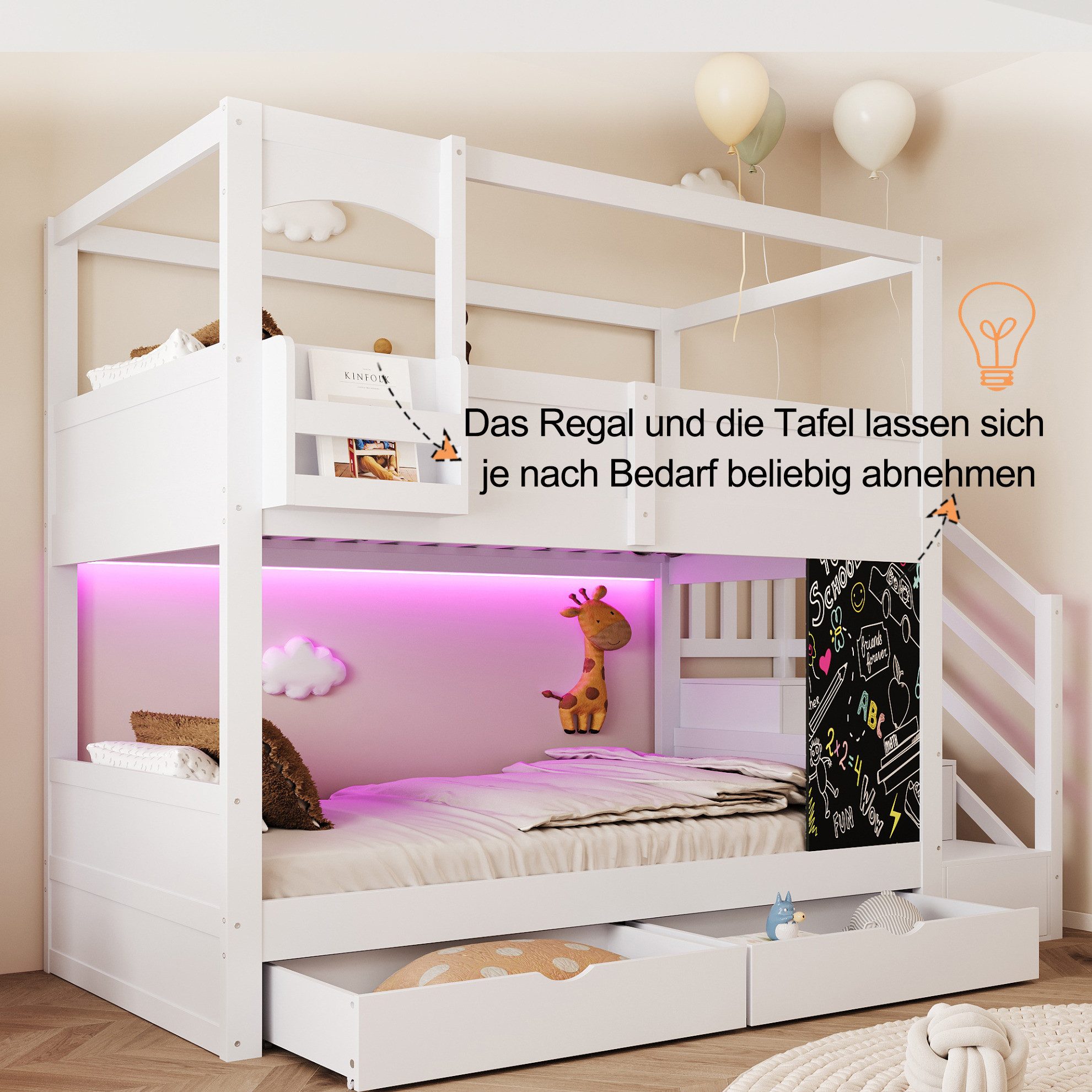 MODFU Etagenbett Jugendbett mit praktischen Staufächern, Gästebett (Kinderbett 90x200 cm, integrierter Kreidetafel, sicherer Leiter und Schubladen, Funktionsbett Holzbett), ohne Matratze
