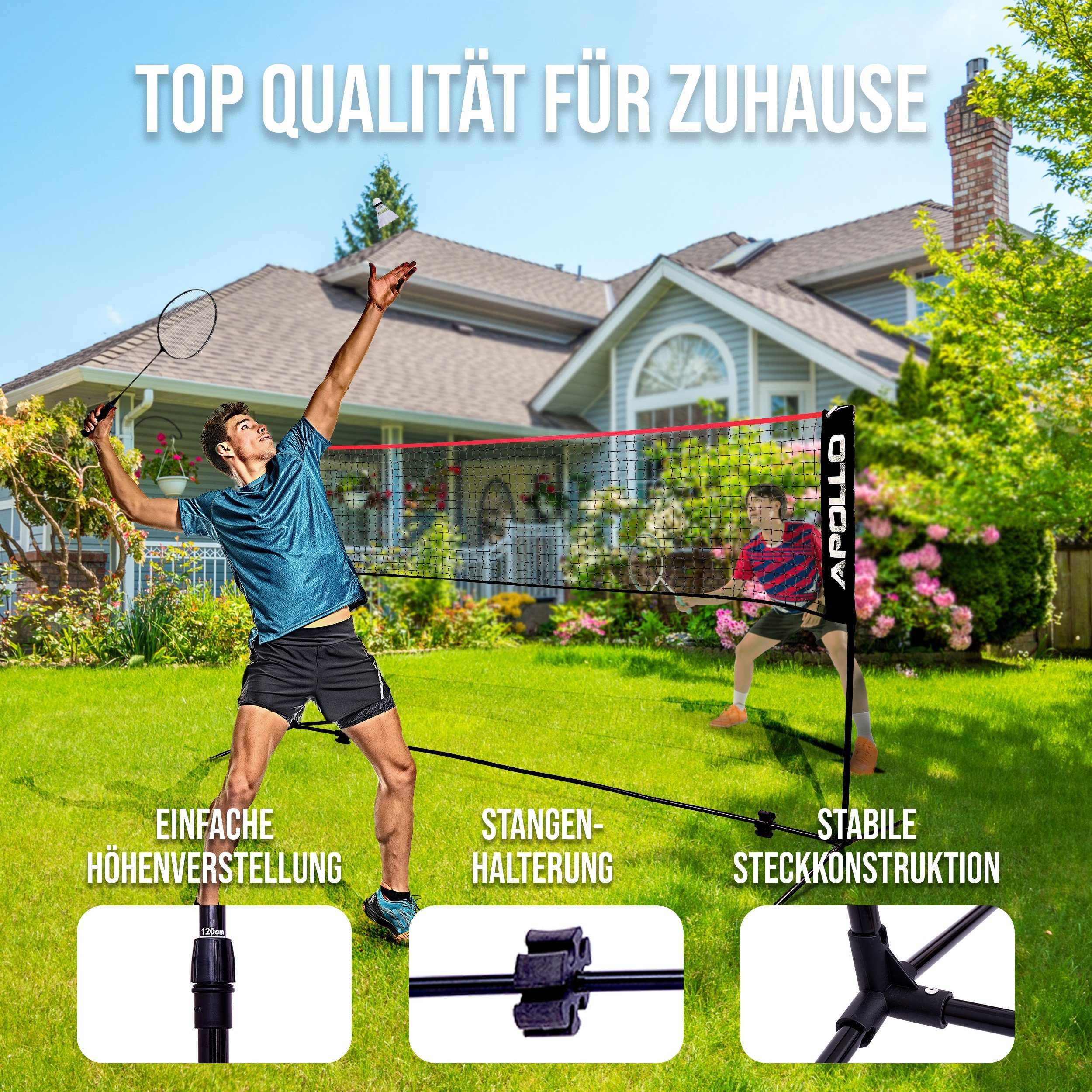 Apollo Badmintonnetz Badminton und Volleyball Netz, 300 cm, 400 cm, 500 cm, höhenverstellbar, inkl. 3 Federbällen