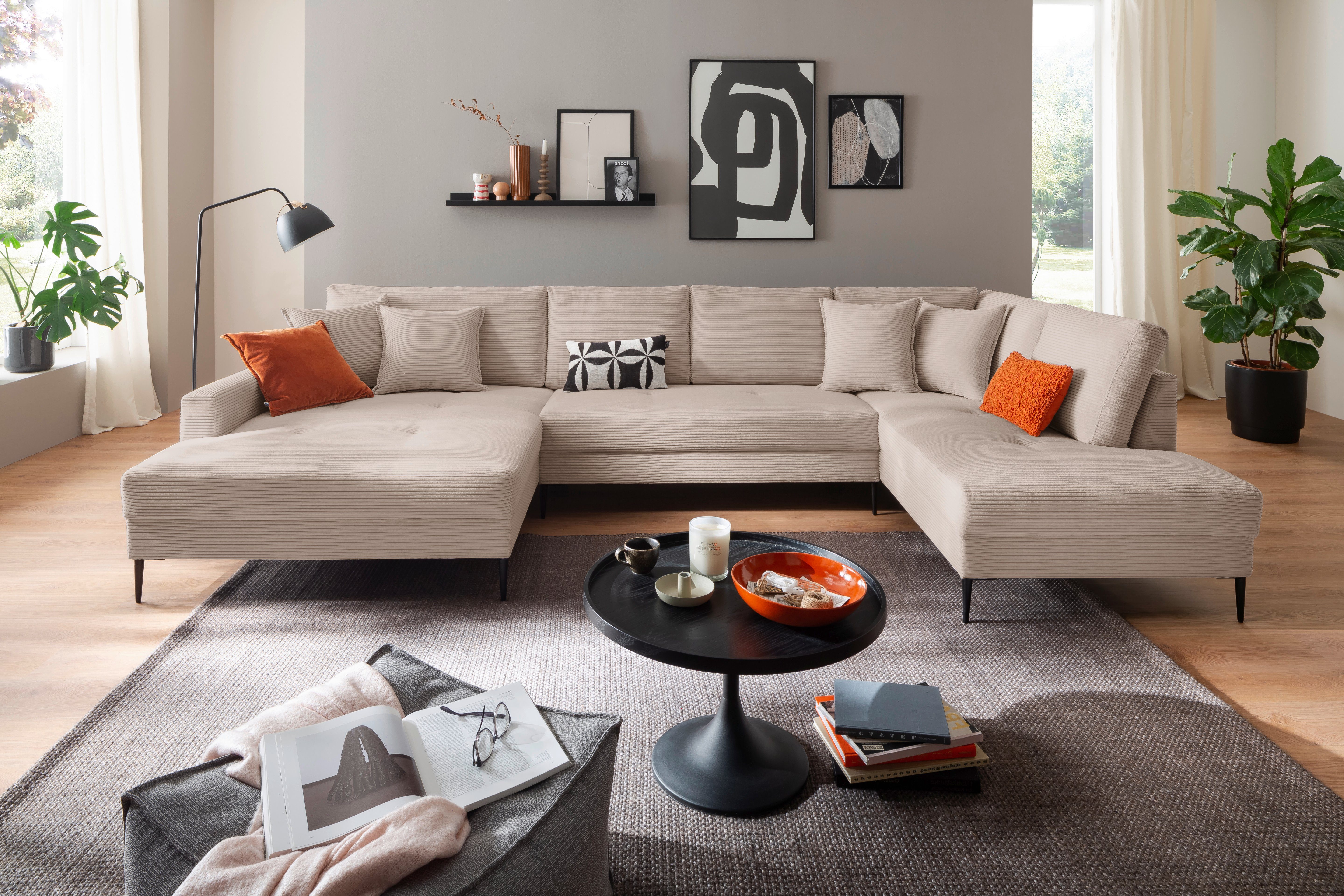 Trends by HG Wohnlandschaft Summer U-Form, in Cord-Stoff mit Metallfuß