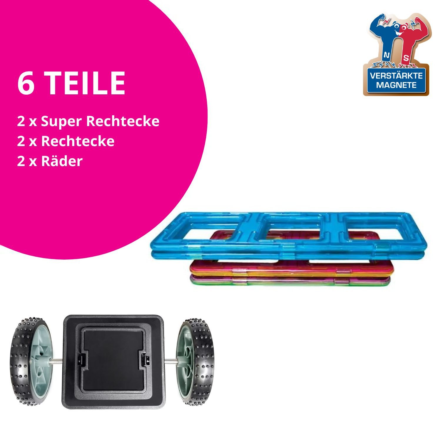 MAGNIKON Magnetische Bausteine Räder Magnetspielbausteine, (Erweiterungsset, 6 St., Klick Räder), Zusätzliche Teile – Bild 3 von 5