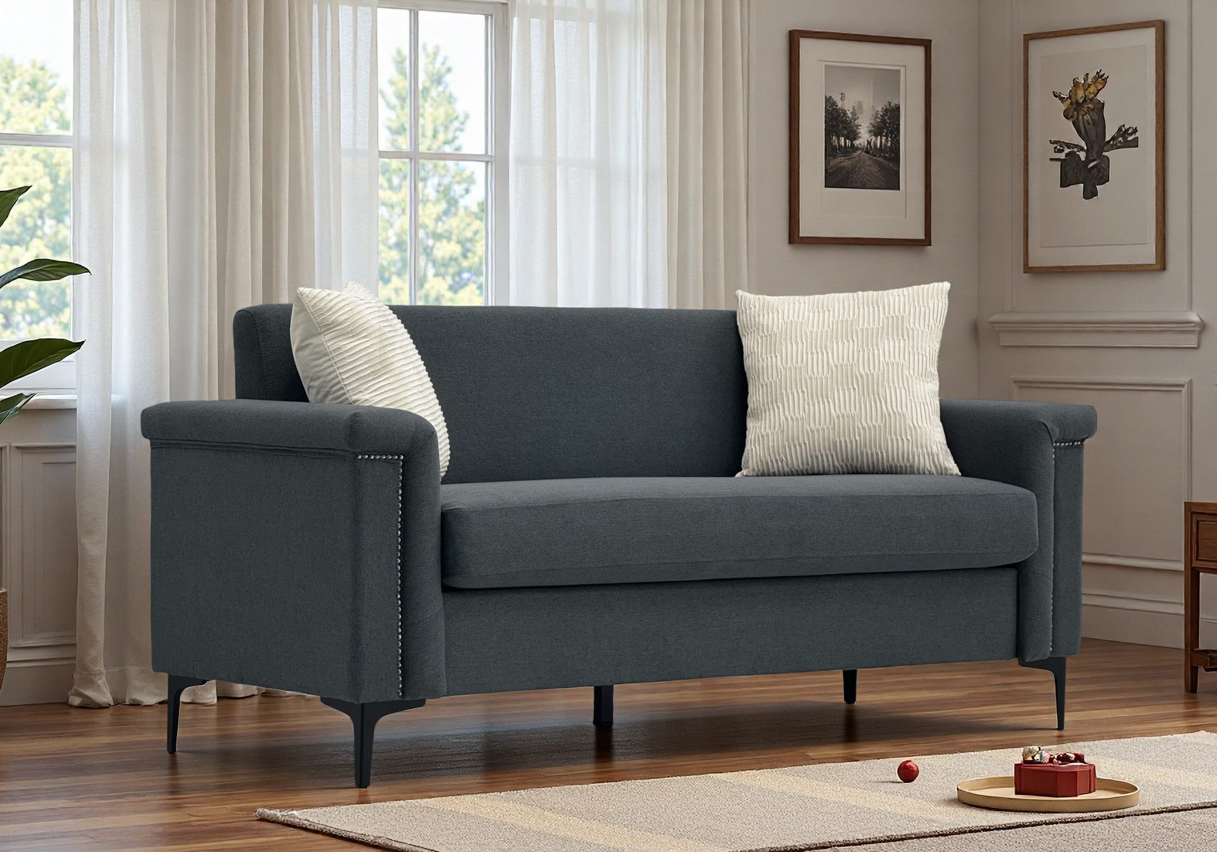 autolock Sofa Nordisches 2-Sitzer-Sofa mit Massivholzrahmen & stabile Eisenbeine, Liebessofa aus Feines Leinengewebe für Wohnzimmer