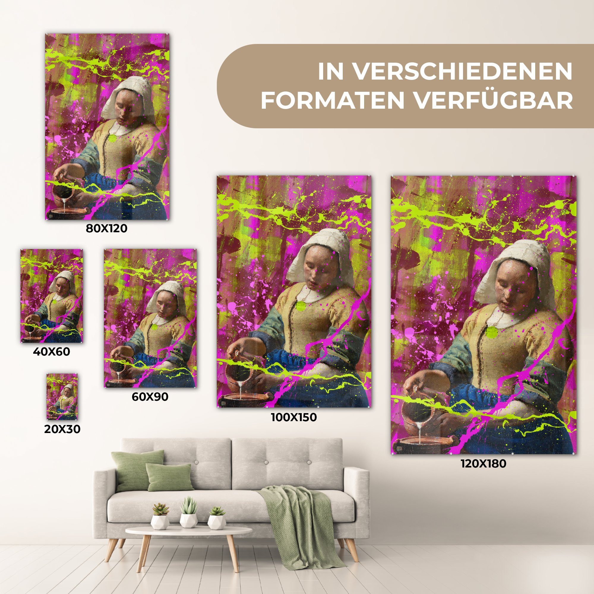 Glas MuchoWow bunt Vermeer Johannes auf - auf St), Glas Glasbilder - Milchmädchen - Wanddekoration Wandbild Foto Acrylglasbild Neon, - - Bilder (1