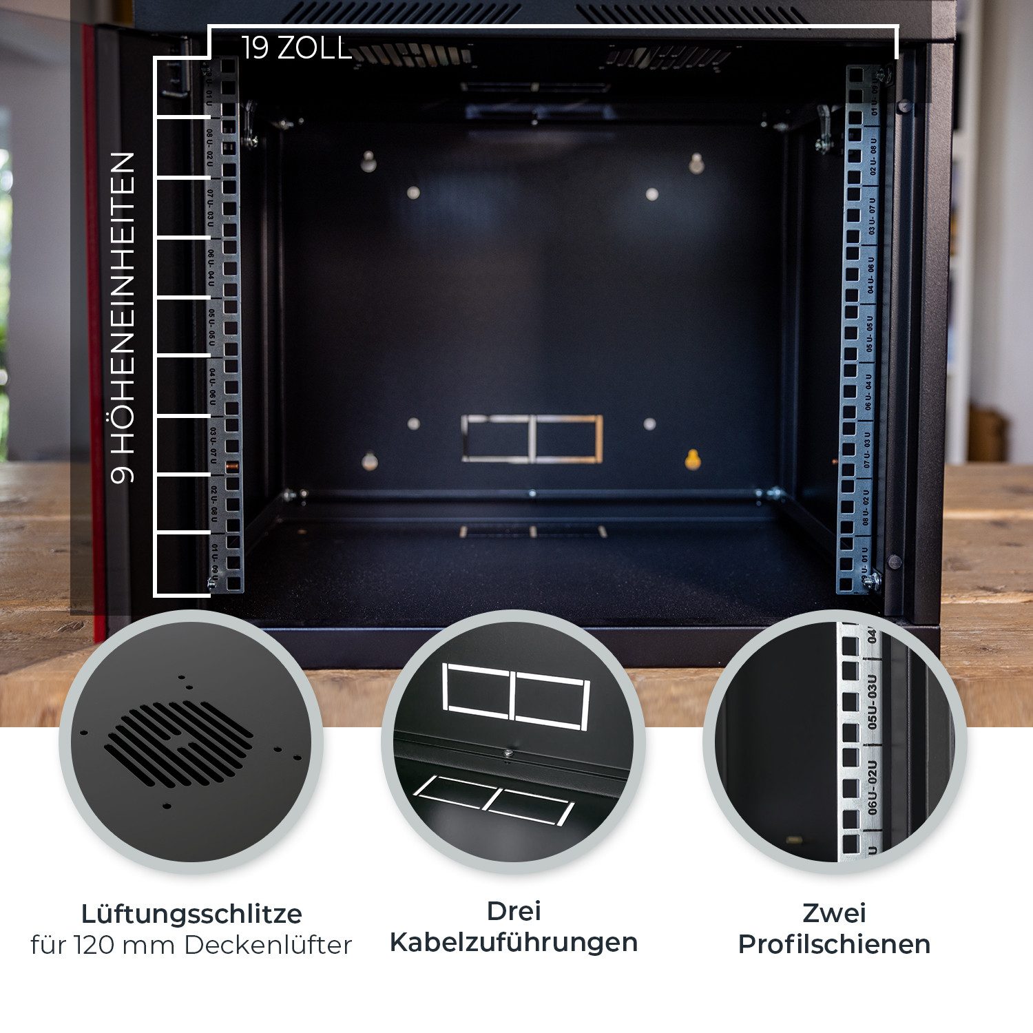 HMF Serverschrank 66409-02 Netzwerkschrank, Serverschrank 19 Zoll, 9 HE, 450 mm Tiefe, voll montiert, Glastür, Schwarz