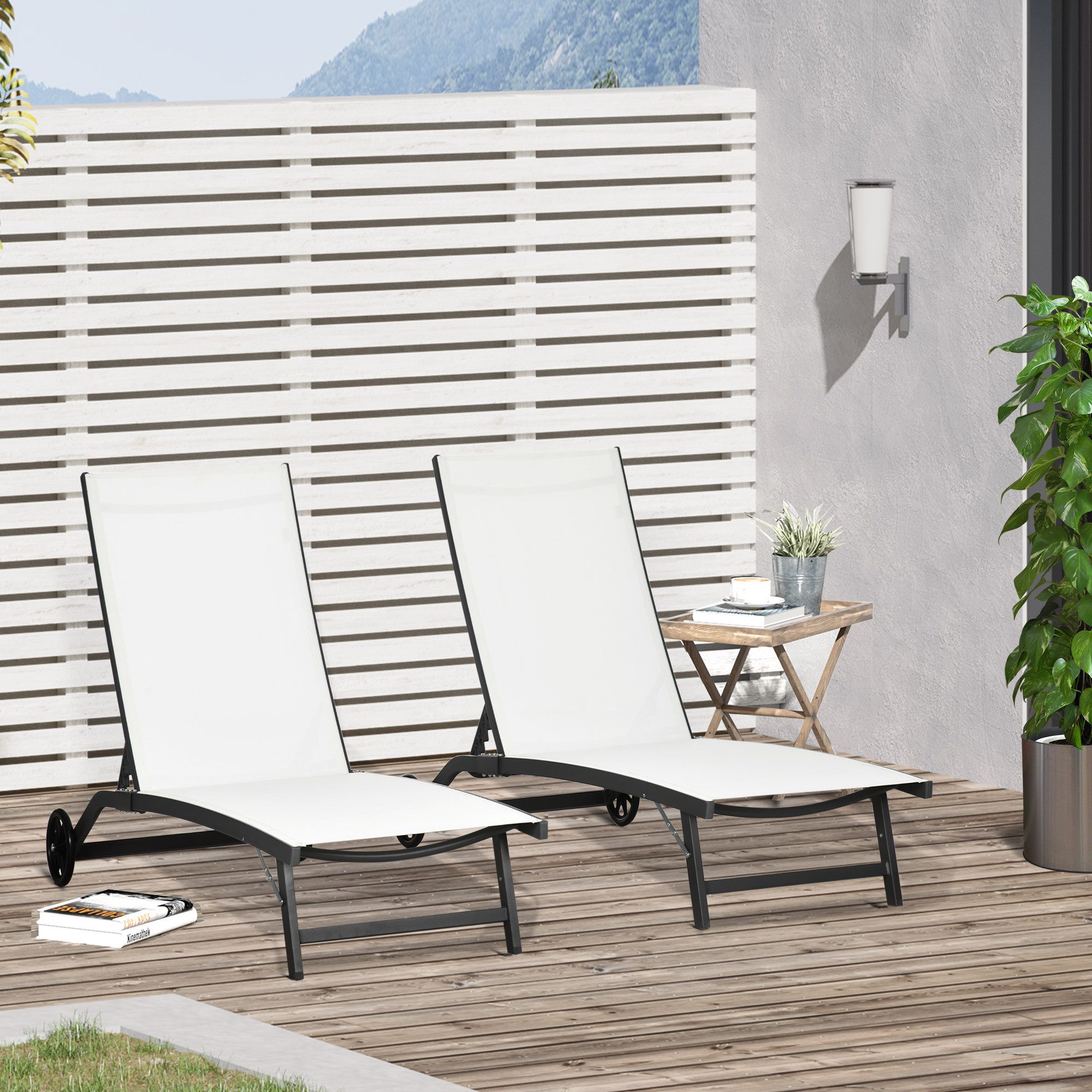 BAYMATE Gartenliege 2er-Set Sonnenliegen mit verstellbarer Rückenlehne, aus Aluminium und atmungsaktivem Stoff, 66 x 165 x 102 cm, Creme