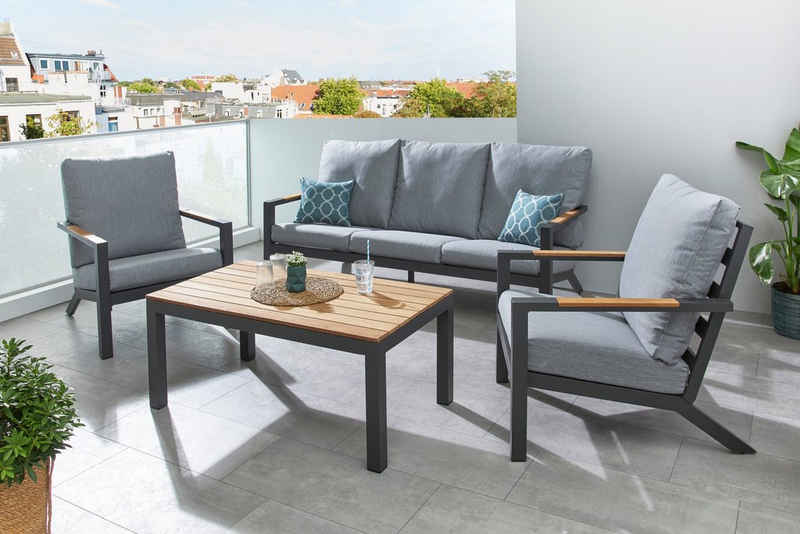 Timbers Gartenlounge-Set Kentucky, (Set, 4-tlg., 2x Кресла, 1x 3er Bank, 1x Tisch 106x60x45cm, inkl. Auflagen), inkl. Zierkissen, Details aus Teakholz, Aluminium