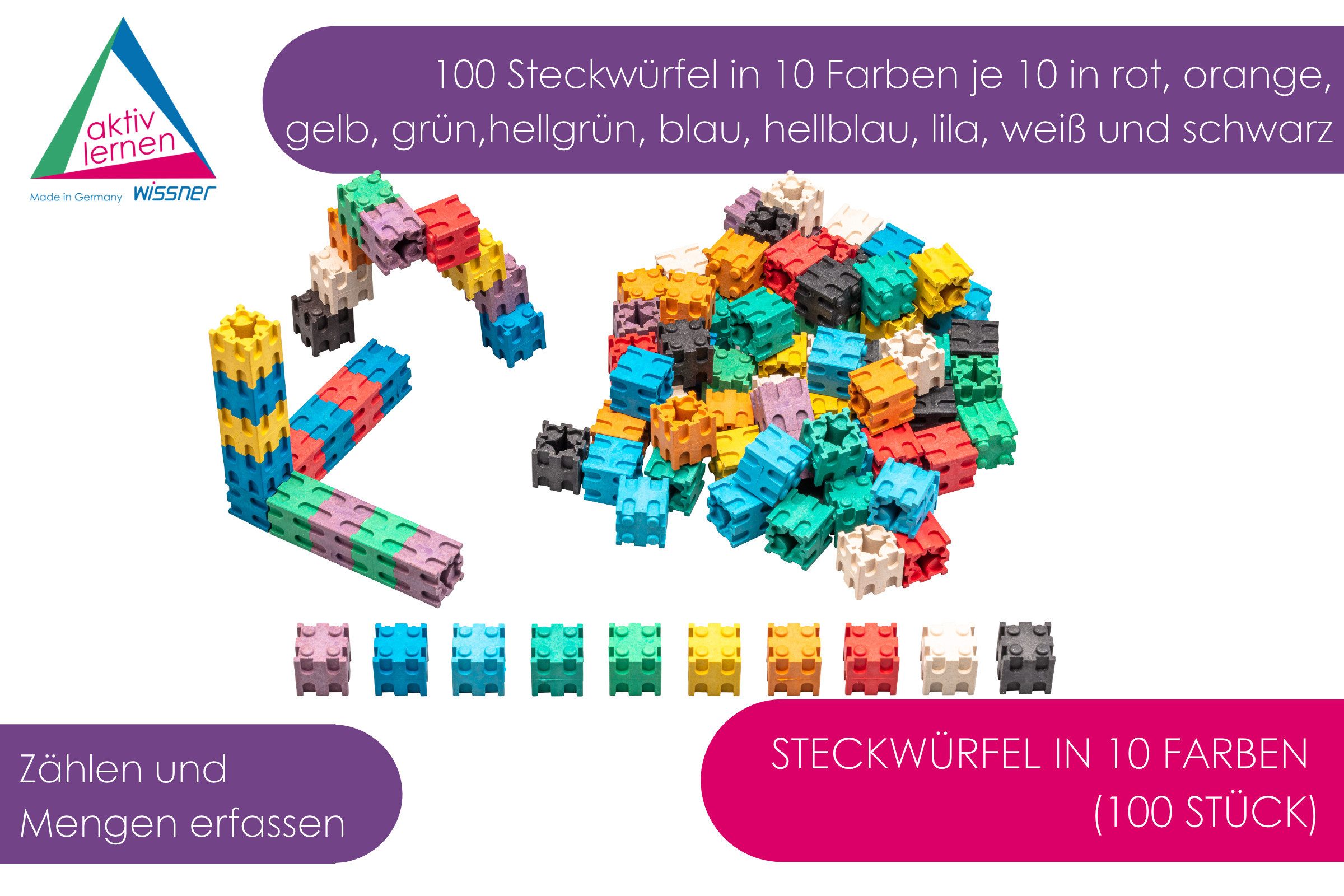 Wissner® aktiv lernen Lernspielzeug Steckwürfel in 10 Farben (100 Stück), RE-Wood® (100-St), RE-Wood®