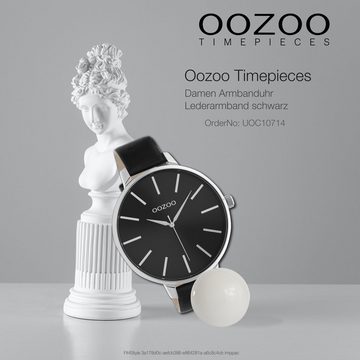 OOZOO Quarzuhr Oozoo Damen Armbanduhr schwarz Analog, (Analoguhr), Damenuhr rund, extra groß (ca. 48mm) Lederarmband, Casual-Style