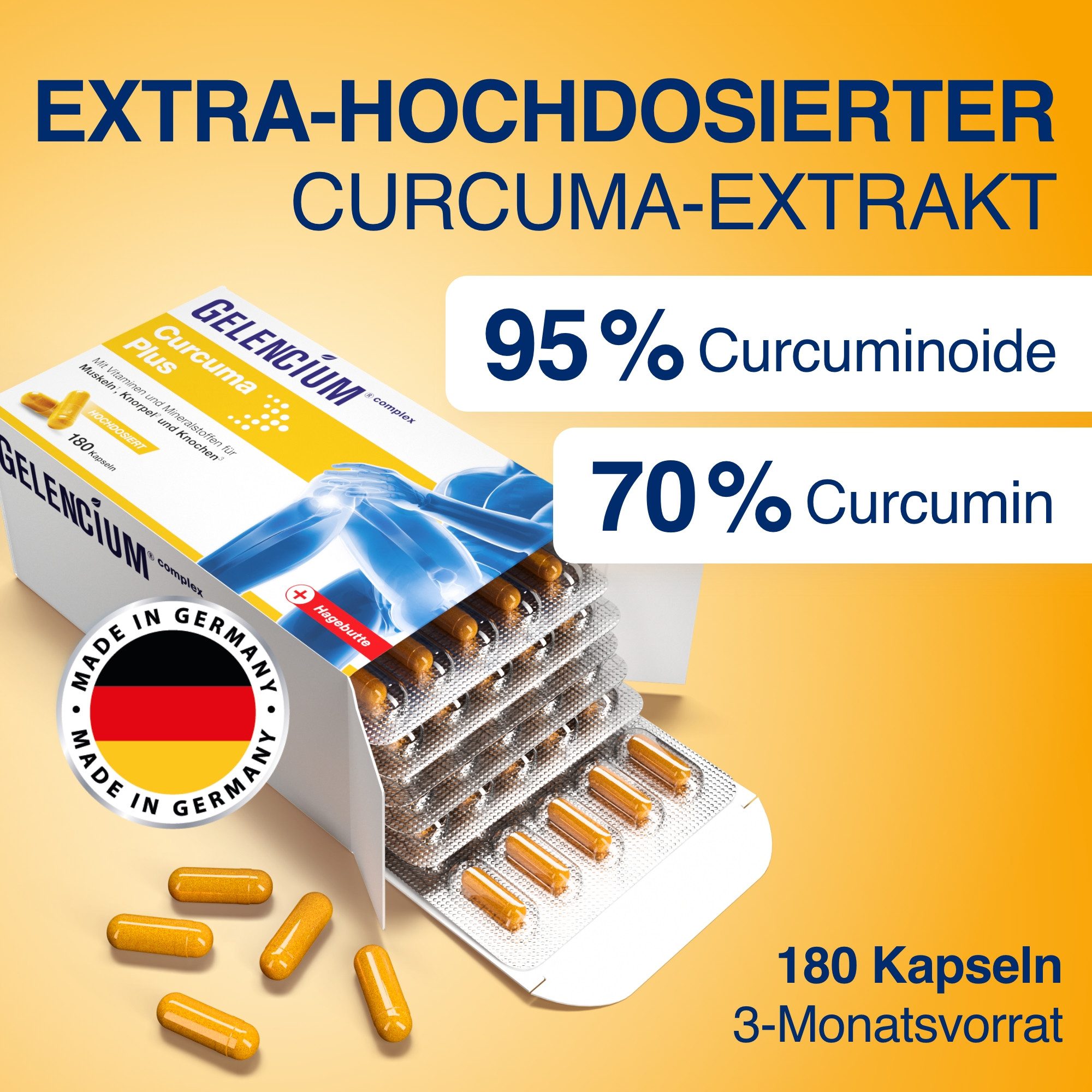 GELENCIUM® Curcuma Plus hochdosiert mit Vitamin C KAP, Mit Hagebutte, Vitamin C, Vitamin D, Magnesium & Calcium à 180 St., 93.0 g