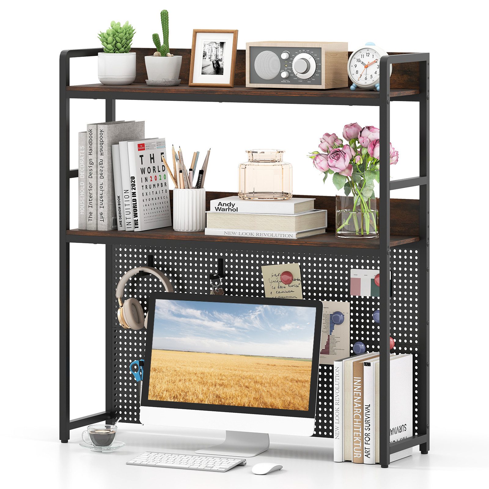 COSTWAY Bücherregal, Schreibtischaufsatz Tischregal mit Stecktafel 94x27x103cm