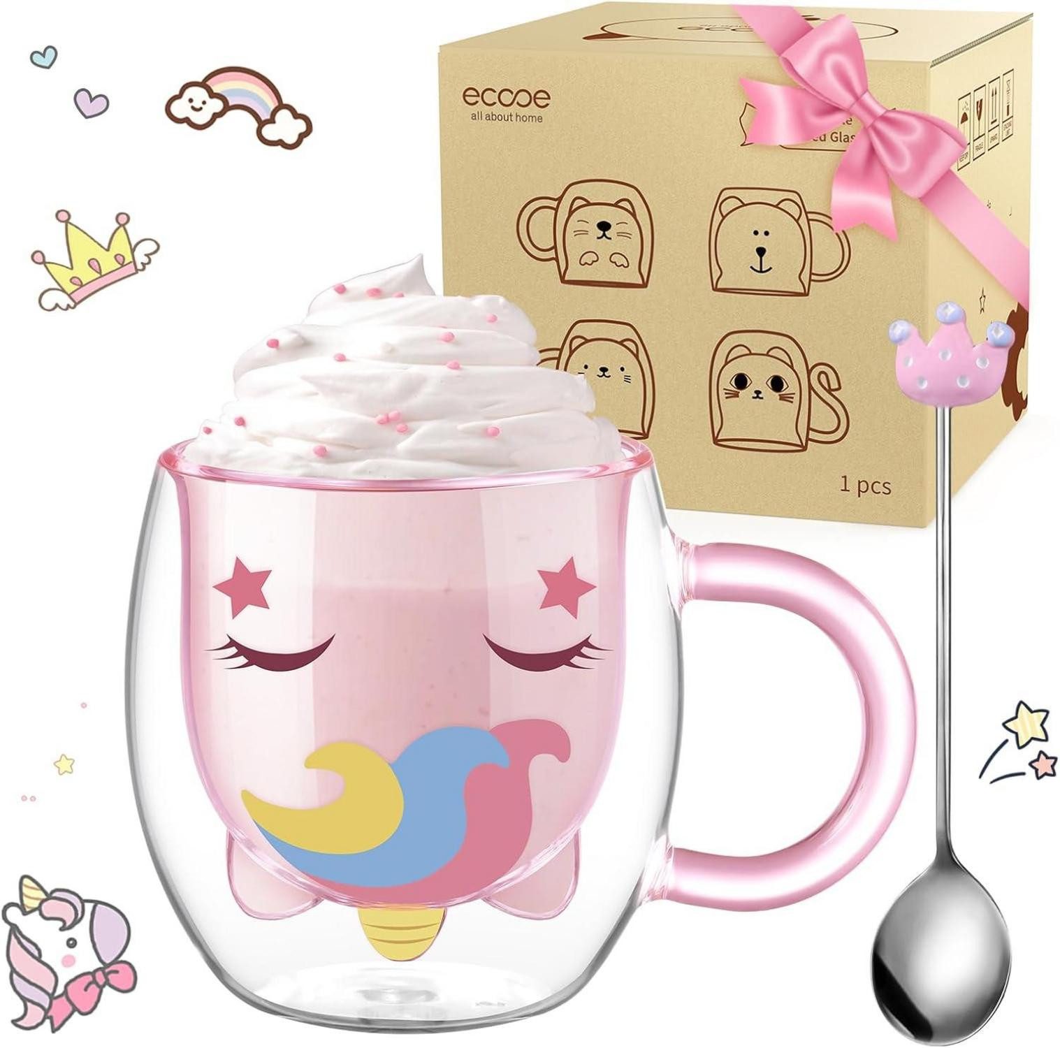 LuxusKollektion Latte-Macchiato-Glas Doppelwandige Einhorn Kaffeetasse 280ml Teeglas, für Cappuccino Latte