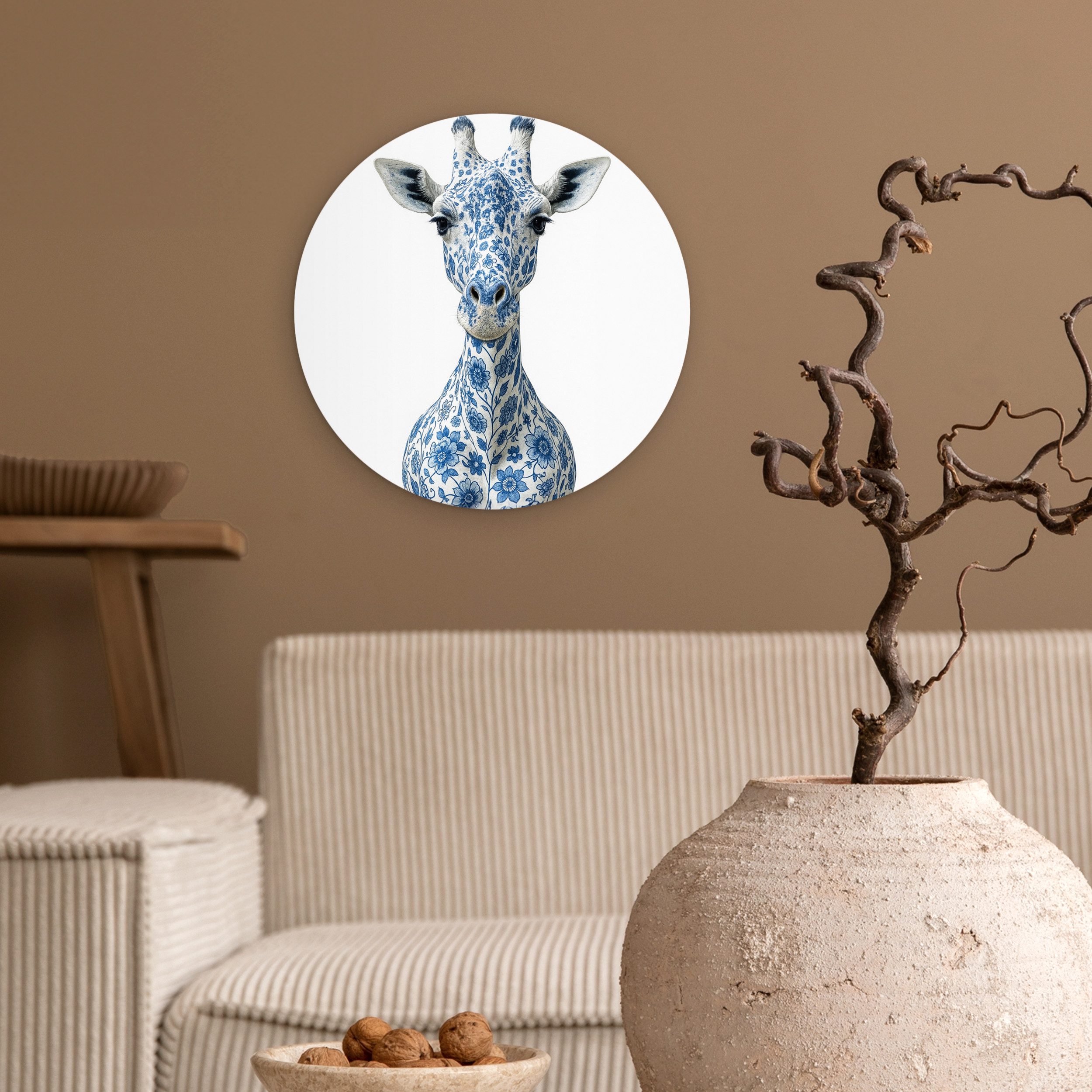 MuchoWow Gemälde Giraffe - Delfter Blau - Tiere - Minimalistisch, Fotodruck (1 St), Kreis Wanddekoration, Rundes Wandbild, 30x30 cm