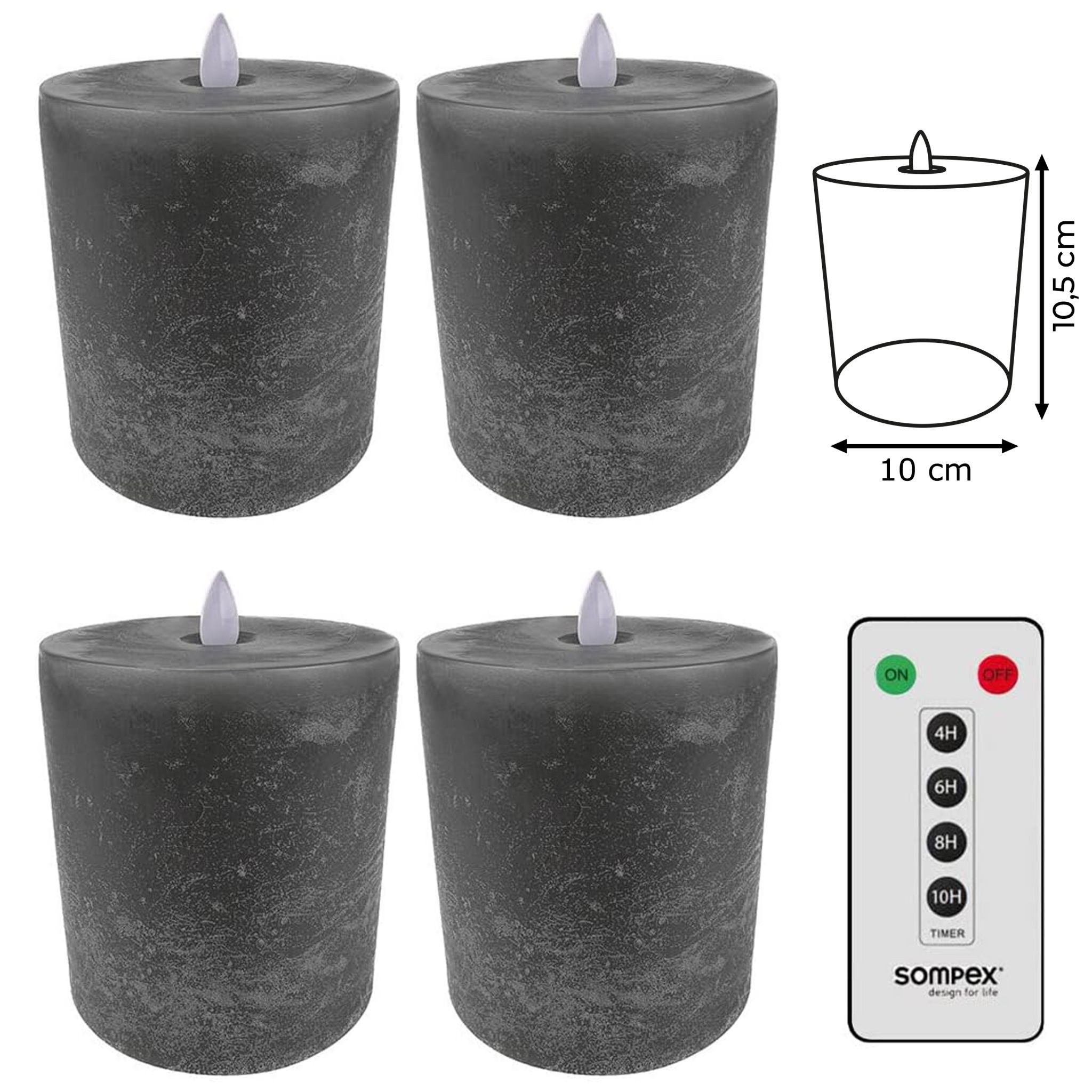 SOMPEX LED-Kerze 4er Set Flame LED Kerzen grau, Echtwachskerzen mit Fernbedienung (Set, 5-tlg., 4 Kerzen, Höhe 11cm, Durchmesser 10cm, 1 Fernbedienung), fernbedienbar, integrierter Timer, Echtwachs