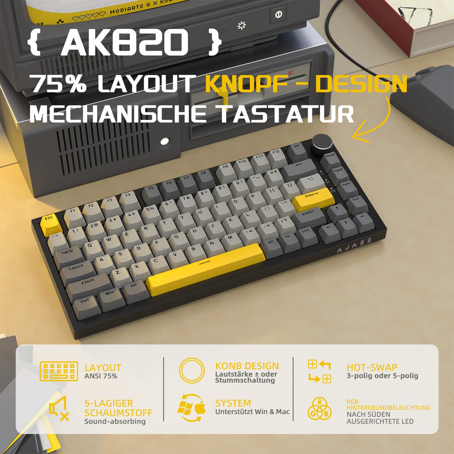 AJAZZ AK820 Mechanische Tastatur mit Knopf,75% ANSI-Layout Gaming-Tastatur (81 keys, improved seal assembly, hot-swap)