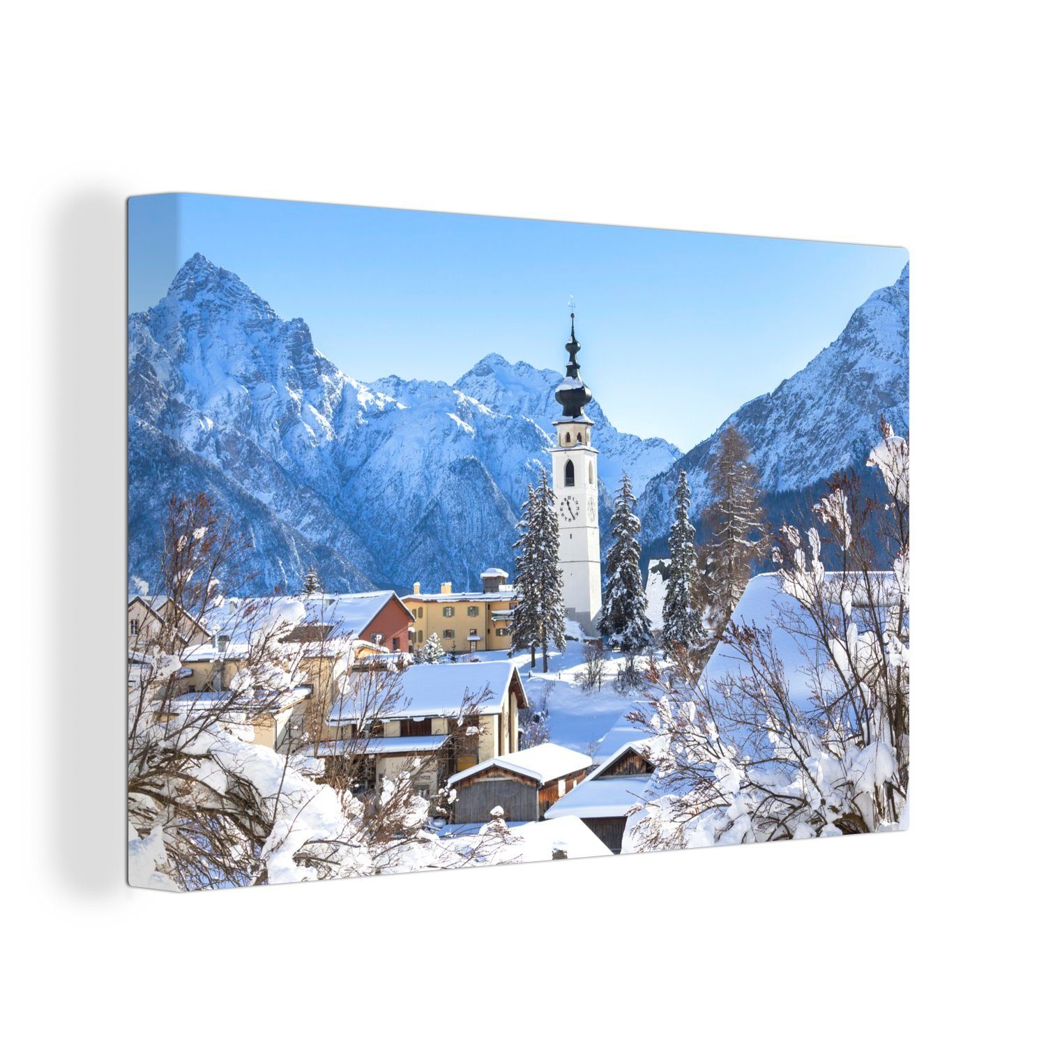 OneMillionCanvasses® Leinwandbild Schnee in einem Bergdorf in der Schweiz, (1 St), Wandbild Leinwandbilder, Aufhängefertig, Wanddeko, 30x20 cm