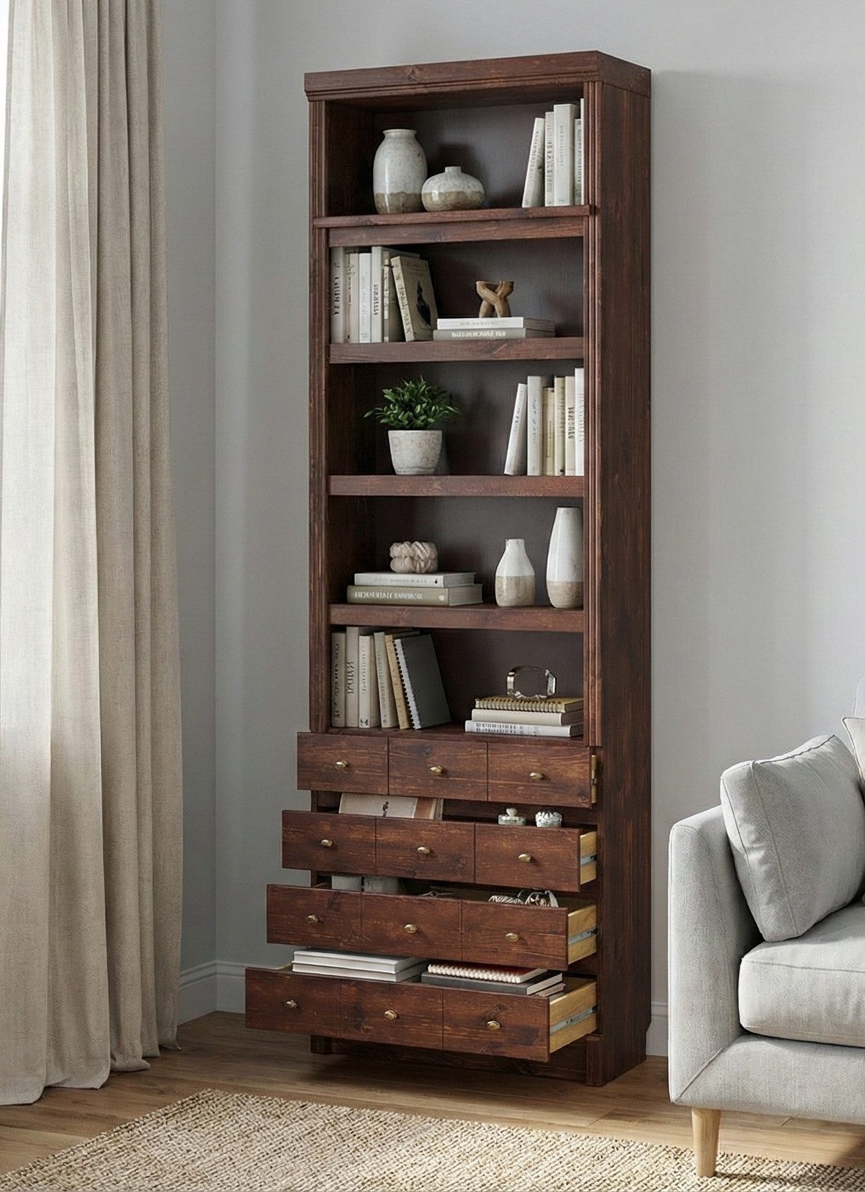 Home affaire Bücherregal Soeren Regal mit 5 breiten Schubkästen in geteilter Optik, T/H: 80/29/220 cm, Kiefer FSC®-zertifiziert, elegante Metallgriffe