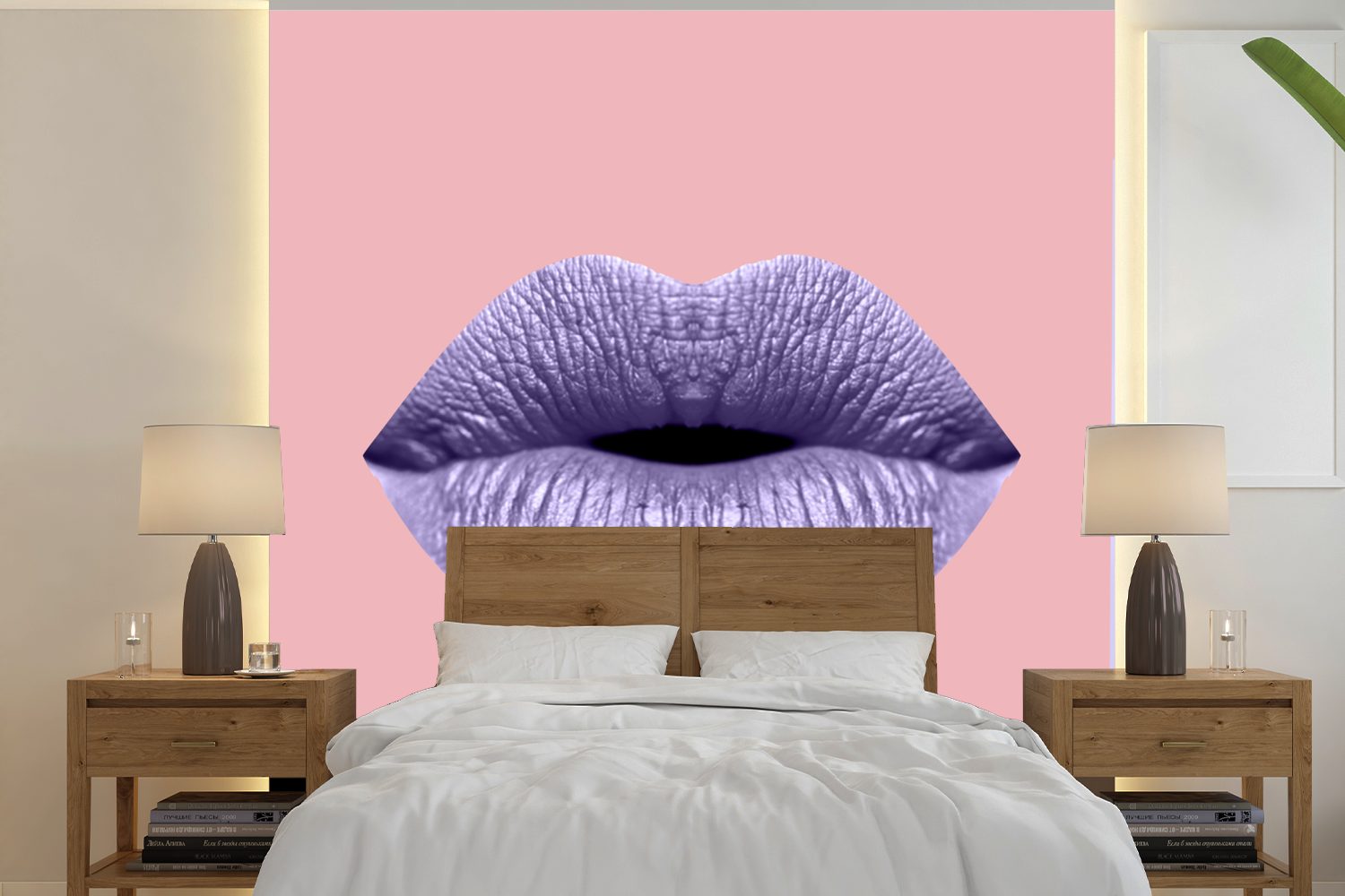MuchoWow Fototapete Lippen - Pastell - Rosa, Matt, bedruckt, (5 St), Vinyl Tapete für Wohnzimmer oder Schlafzimmer, Wandtapete