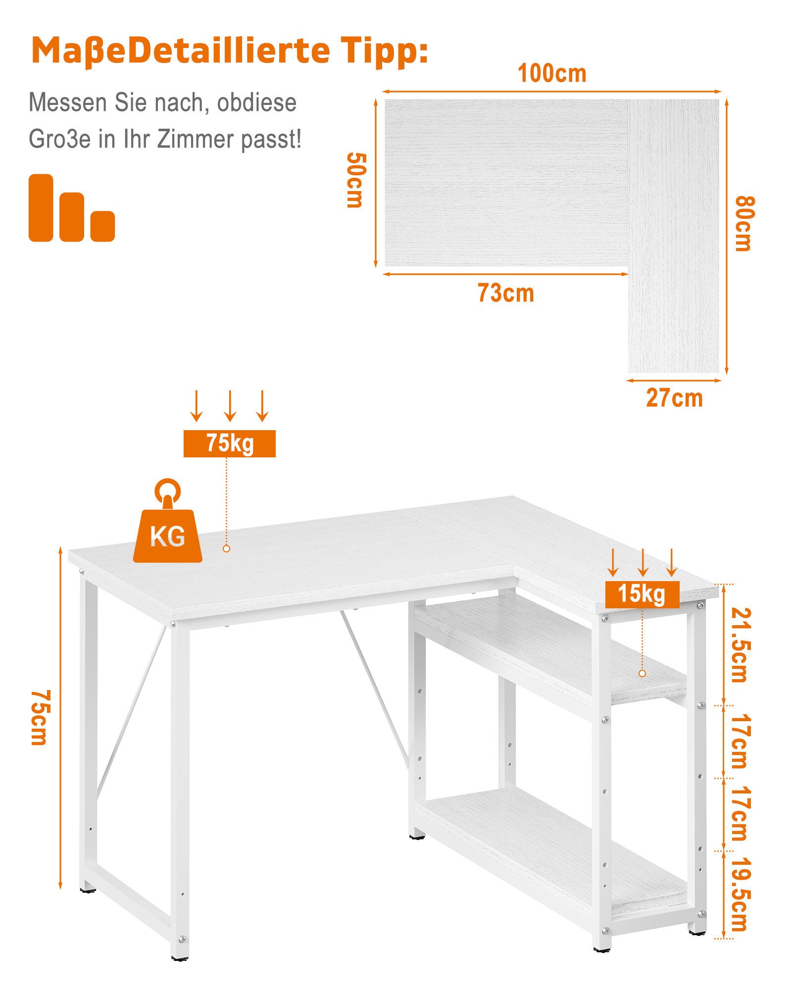 GUNJI Eckschreibtisch Eckschreibtisch Umkehrbarer L-förmiger Computer schreibtisch mit Hutch (Maße: 1 m/1,2 m/1,4 m/1,6 m, Schreibtisch mit verstellbaren Einlegeböden)