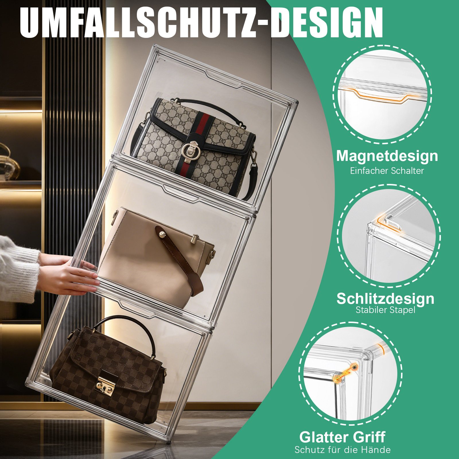XERSEK Aufbewahrungsbox Transparente Displaybox Acryl Organizer Handtasche Schaukasten Vitrine (Set, 2 St., 40×25×30cm Stapelfähig), für Figuren, Handtaschen, Spielzeug, Handwerk, Bücher